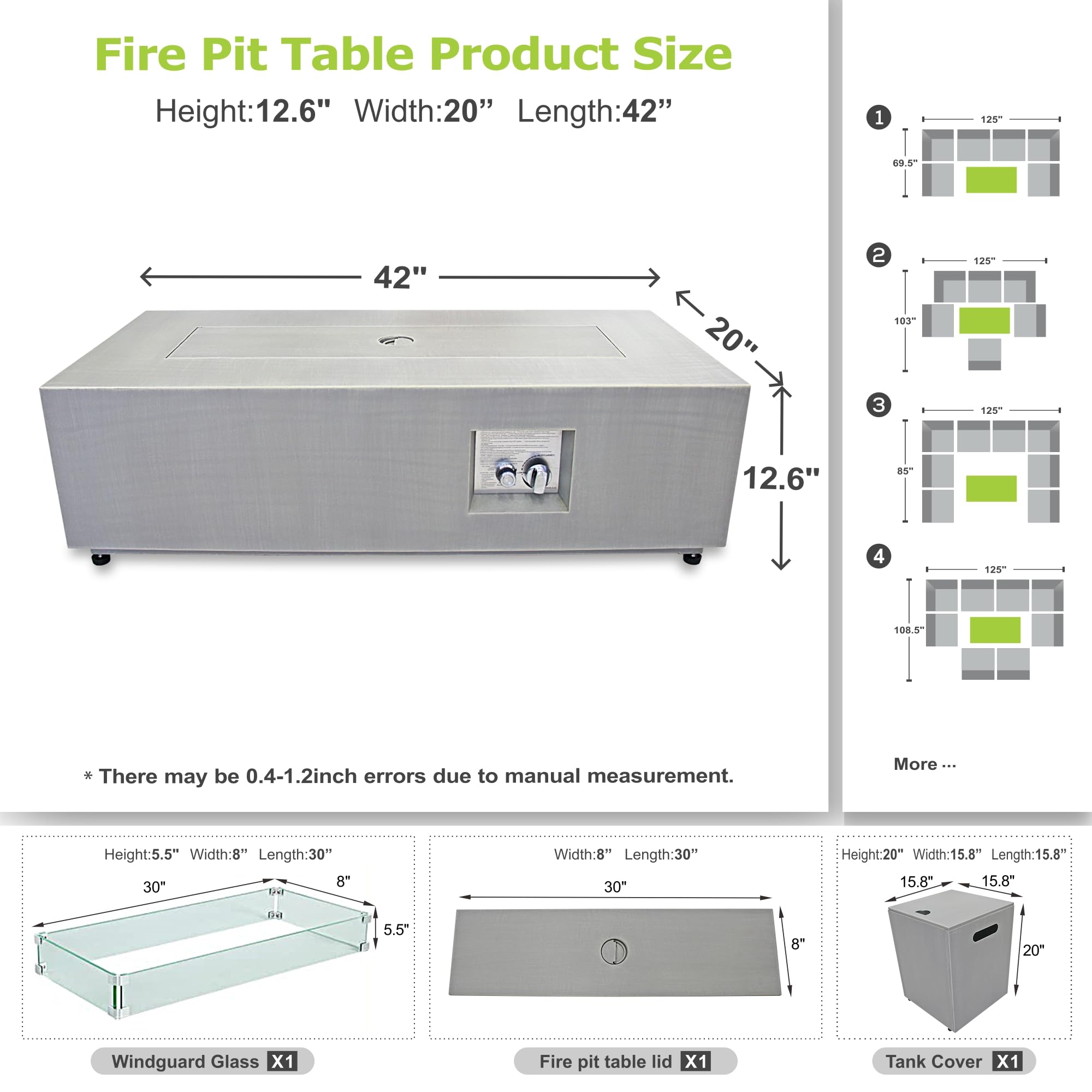 SUNPEAK 42" Modern Fire Pit Table with LED Light 50,000 BTU Deck Fire Pit Table Includes Wind Guard, Lid, Rocks & Cover - Propane Gas Patio Fireplace, Chimenea para Patio (Grey/Golden Light, 42" LED)