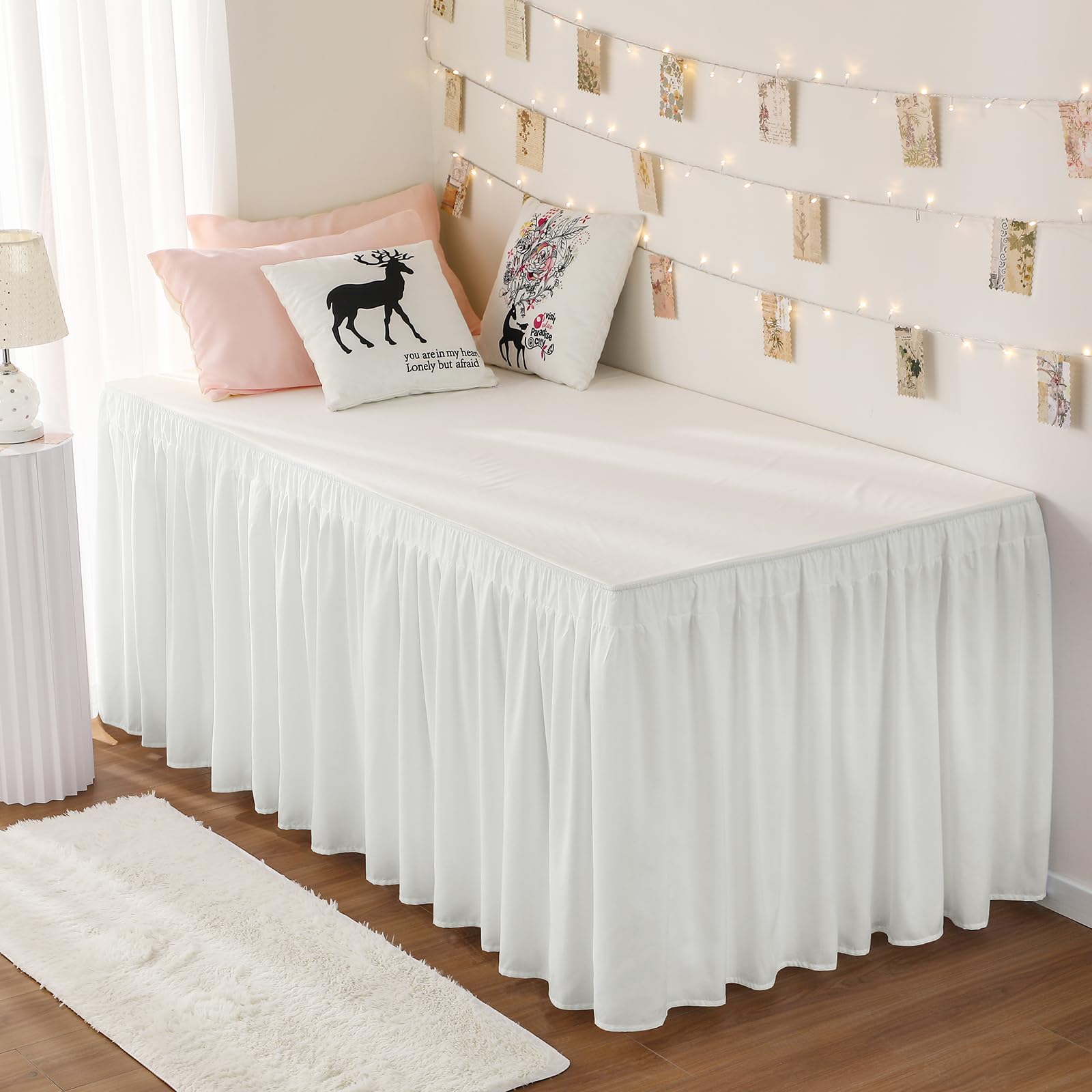 RIMELA Dorm Bed Skirt Twin XL 32 Inch Drop, Easy to Install Extra Long Wrap Around Elastic Dust Ruffle, White Bedskirt Solid Silky Fabric Machine Washable, Bedroom Decor