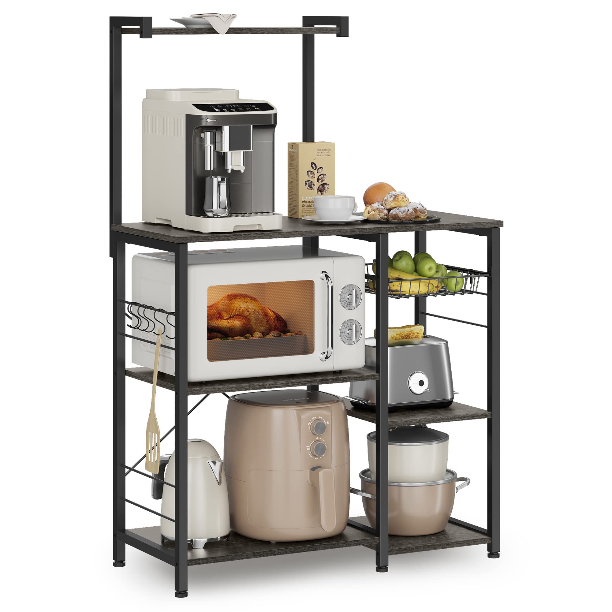 VASAGLE Kitchen Bakers Rack with Power Outlet, Coffee Bar with 35.4-Inch High Worktop, Microwave Stand with 8 Hooks, 15.7 x 31.5 x 66.9 Inches, Golden Oak and Cloud White UKKS059Y01