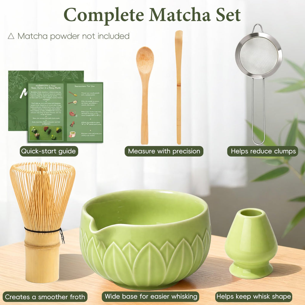 Matcha Whisk Set, Ceramic Matcha Set Includes Bowl & Holder, Bamboo Whisk (Chasen), Scoop, Spoon and Sifter, 6PCS Matcha Kit Covers Everything Needed for Making Matcha (Green)