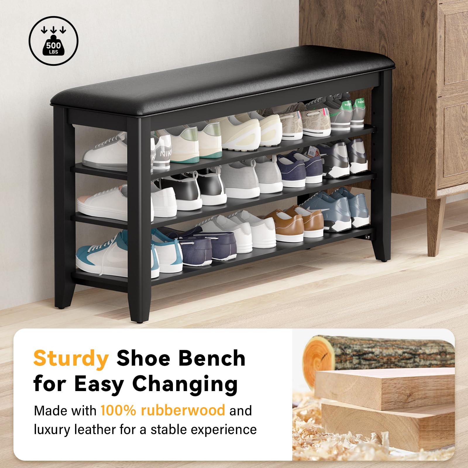 Taitiy Shoe Bench Storage Rubberwood with Leather Cushion for Entryway Bench Ideal for Hallways Shoe Rack Front Doors Entrances Mudrooms Featuring 3 Height-Adjustable and Removable Shelves
