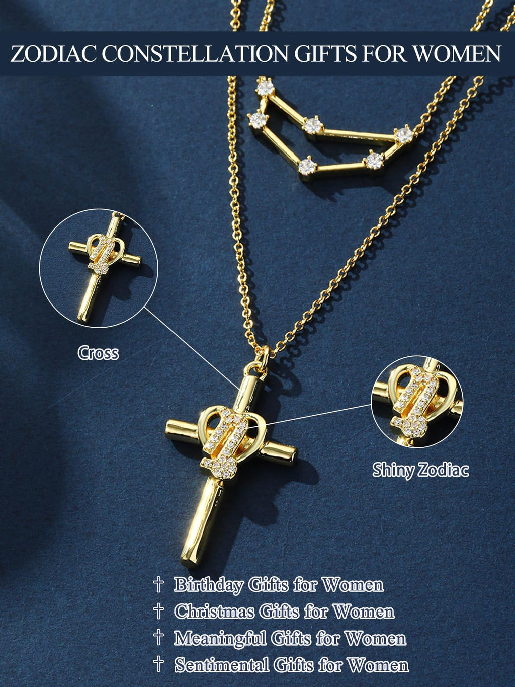 14K Gold Zodiac Cross Layered Necklace for Women - Horoscope Constellation Pendant with Cross,Luxury Anniversary Birthday Mothers Day Gifts Jewelry (12 Zodiac Signs)