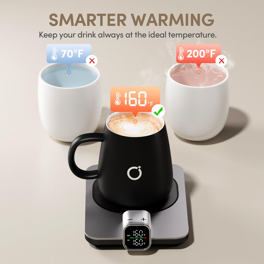 Coffee Cup Warmer & iKago Mug Set, 1℉ Precise Temp Control Mug Warmer | Auto Shut Off, Infrared Sensor, Dual Temp Display, ℉/℃ Optional, 15oz Mug with Spoon & Lid Included, Gifts for Men Women