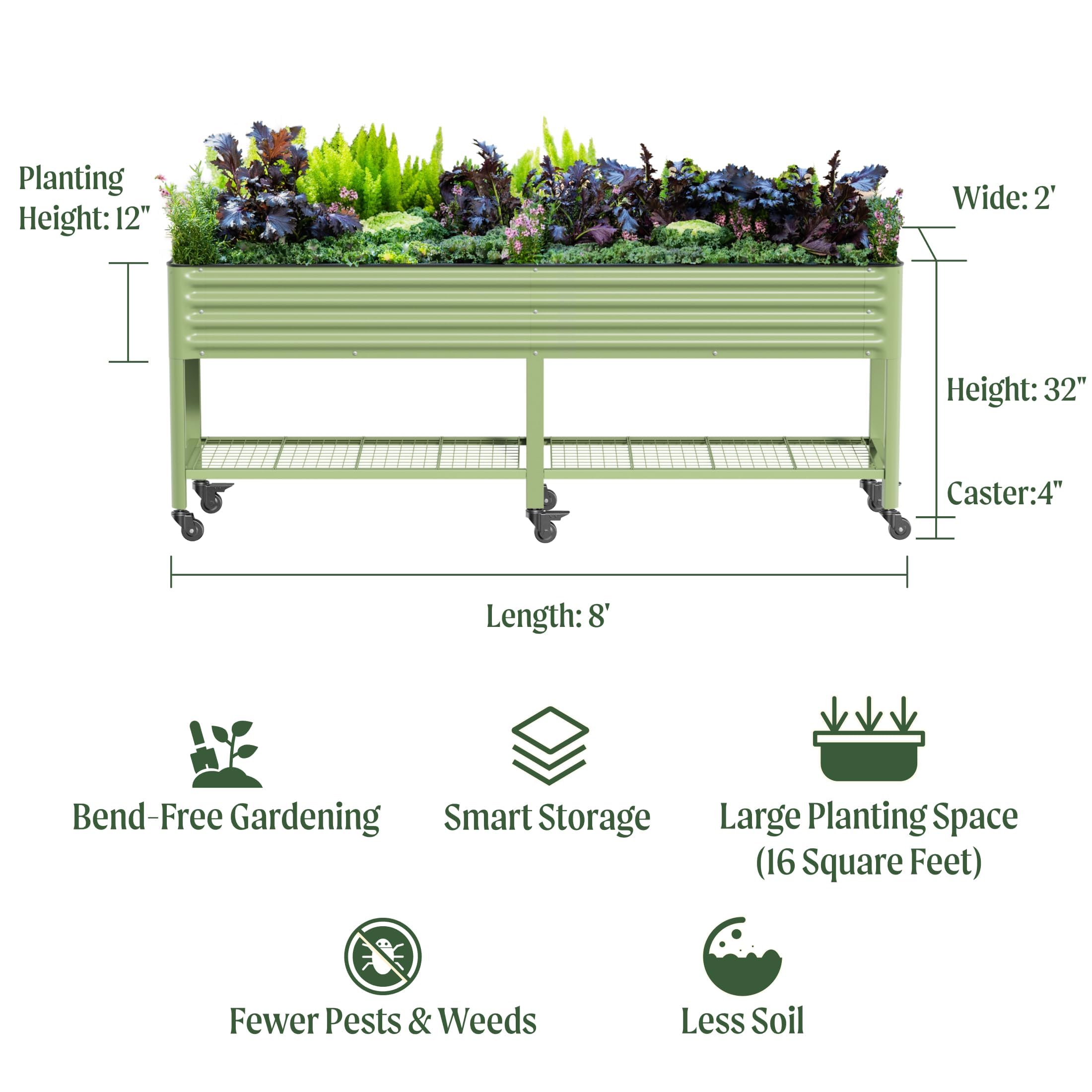 Rolling Elevated Raised Garden Bed, 2' x 4' Outdoor Planters Boxes with Legs & Storage Rack for Patio, 700 Lbs Weight Capacity, Raised Beds for Gardening Herbs Flowers, Pearl White