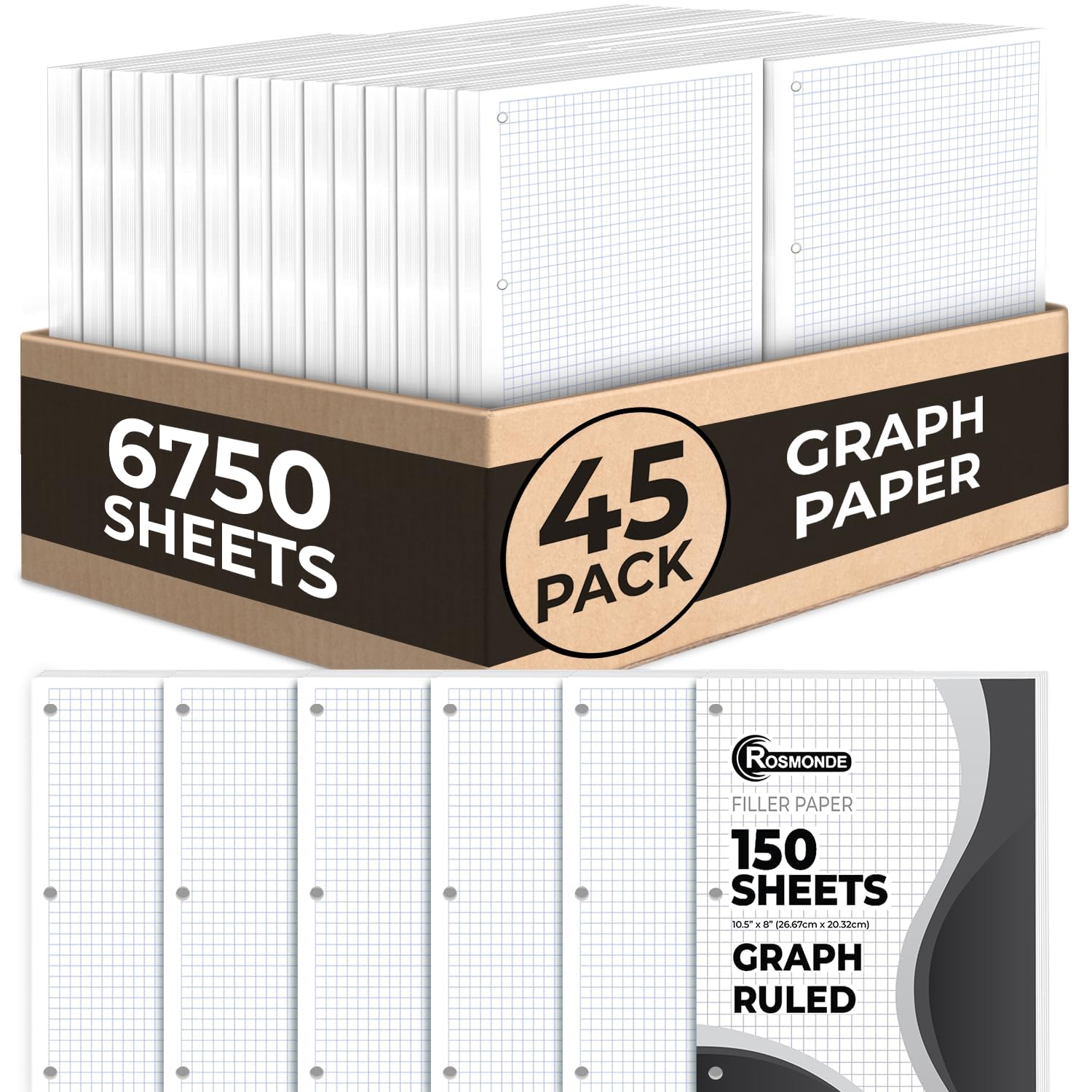 Rosmonde Loose Leaf Paper, 450 Sheets, 3 Pack, College Ruled Paper, 8" x 10.5", Bulk Office Filler Paper, 3 Hole Punched, 150 Sheets/Pack, 56 gsm Paper, College Ruled Notebook Paper for Binder, White | Bulk Office Filler Paper, 8" x 10.5", 3 Hole Punched,