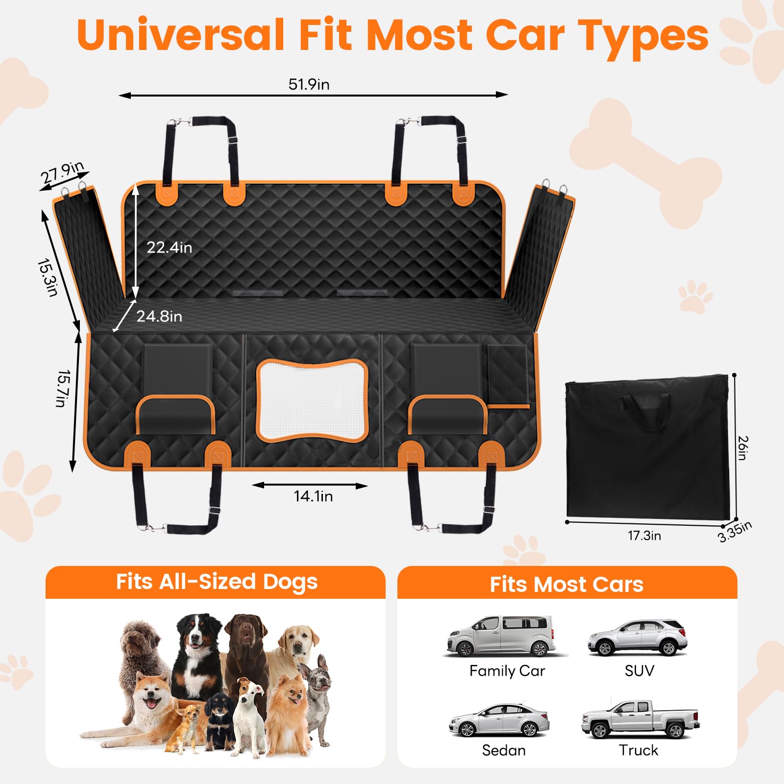 Dog Seat Cover for Back Seat, Hard Bottom Car Seat Cover for Dogs | Back Seat Extender Holds 500 lbs, Waterproof Back Seat Pet Cover for Dogs, Dog Hammock Travel Accessories for Car,SUV,Truck