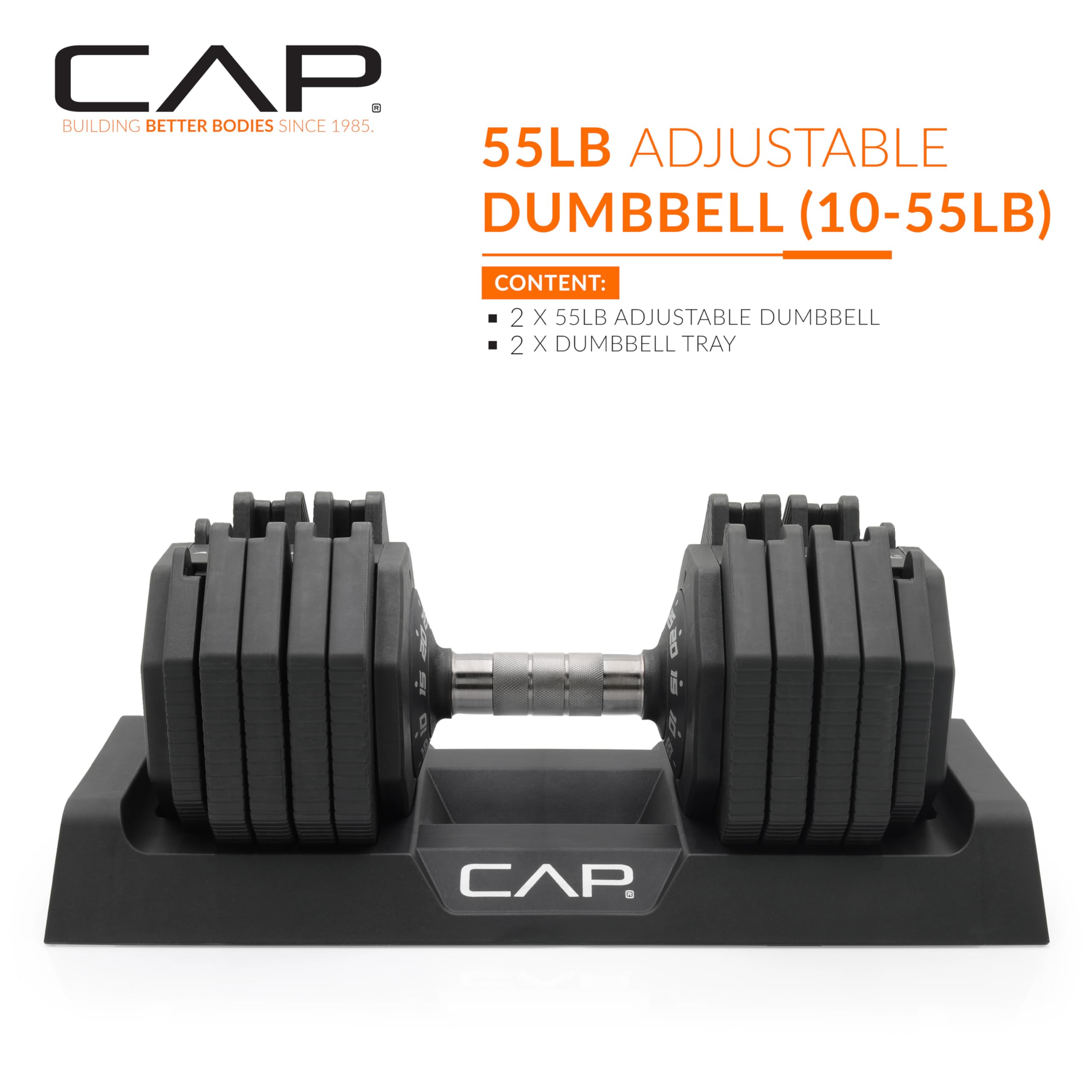CAP ADJUSTABELL Adjustable Dumbbell Set, Premium Quick Select Adjustable Weights for Strength Training, Singles & Pairs, 12.5 LB, 25 LB & 55 LB, Round & Hex Dumbbells, Multiple Grip Handle Options
