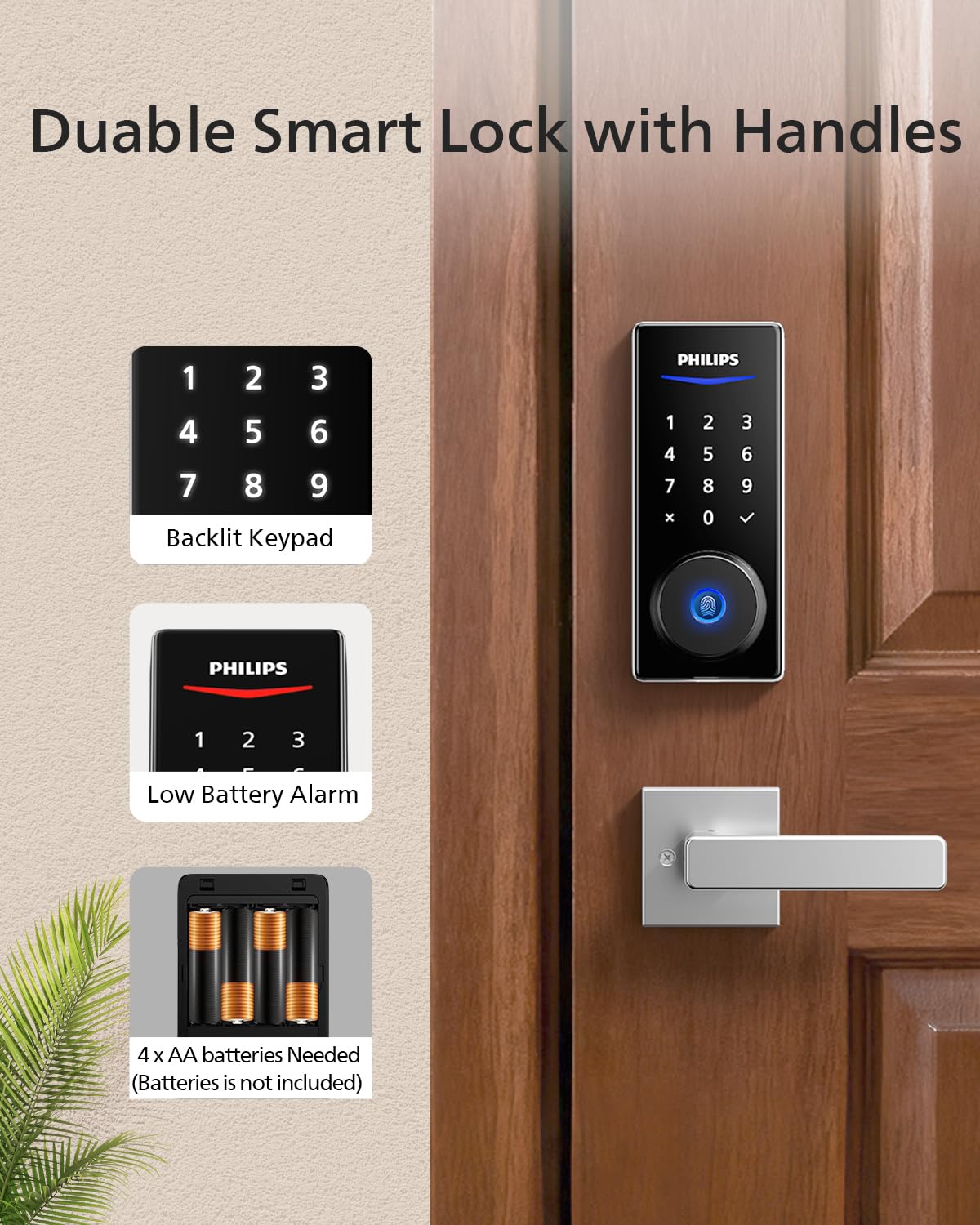 Philips Smart Lock with Handles, Keyless Entry Door Lock Set, Keypad Door Lock with 2 Level Handles, Digital Keypad Deadbolt for Front Door, App Fingerprint PIN Code Unlocking, Auto Locking