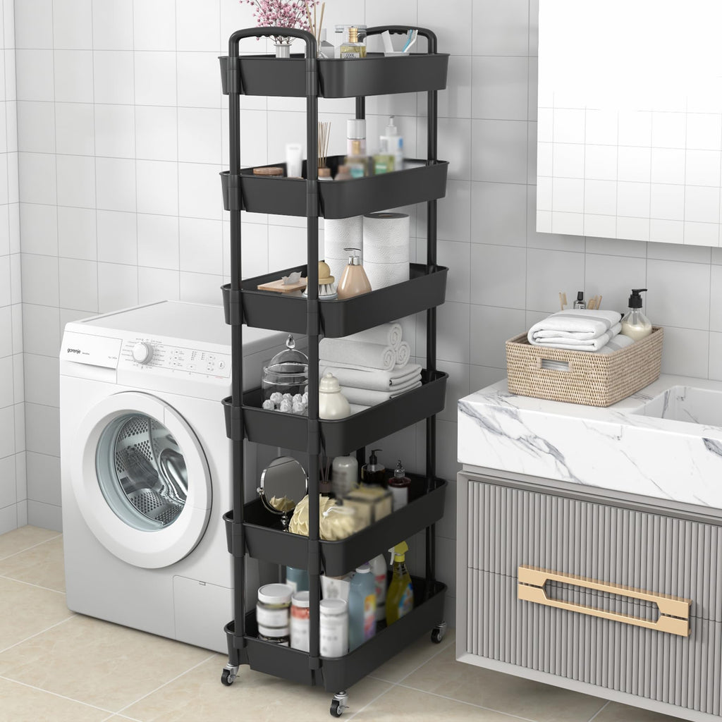 Sywhitta 3-Tier Plastic Rolling Utility Cart with Handle, Multi-Functional Storage Trolley for Office, Living Room, Kitchen, Movable Storage Organizer with Wheels, Black