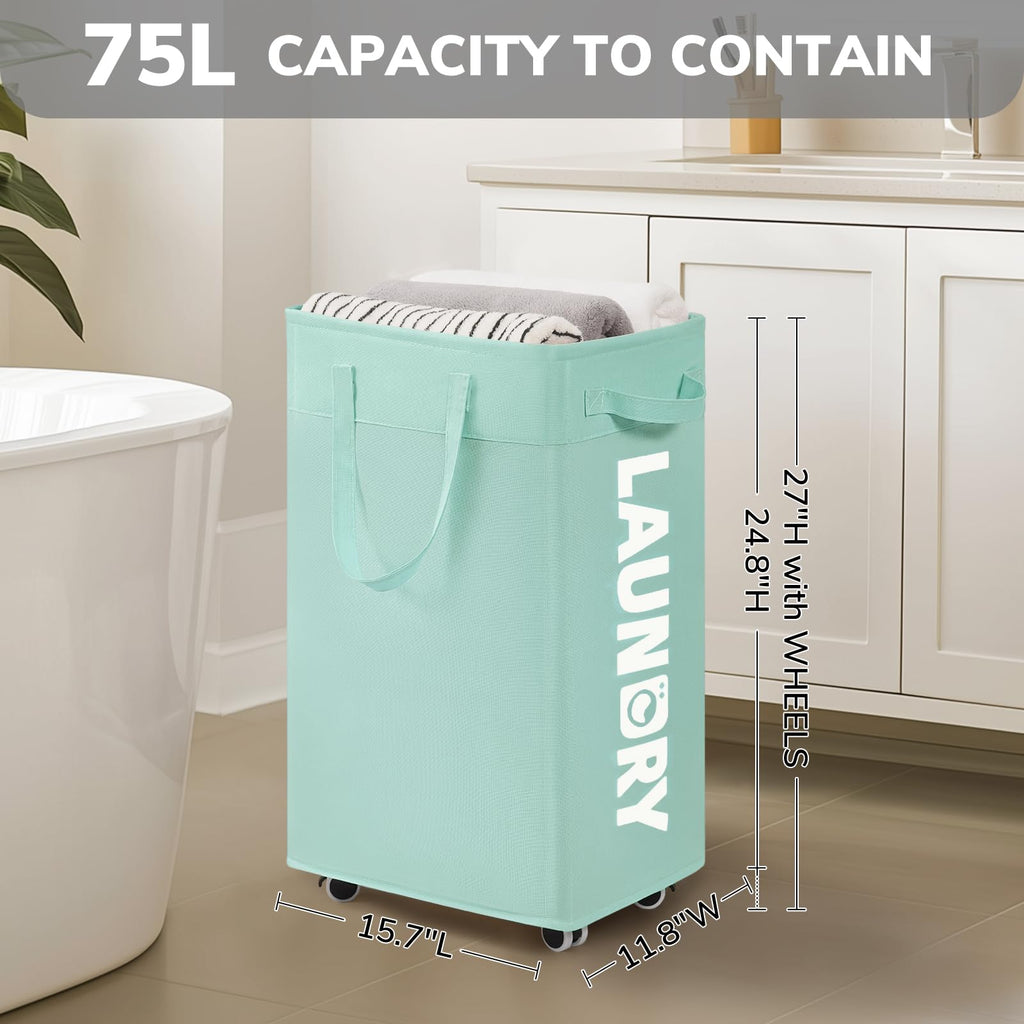 Goodpick Pink Laundry Basket with Wheels, Dorm Room Essentials for Girls, 75L Collapsible Laundry Basket, Laundry Hamper with Handle for College Dorm