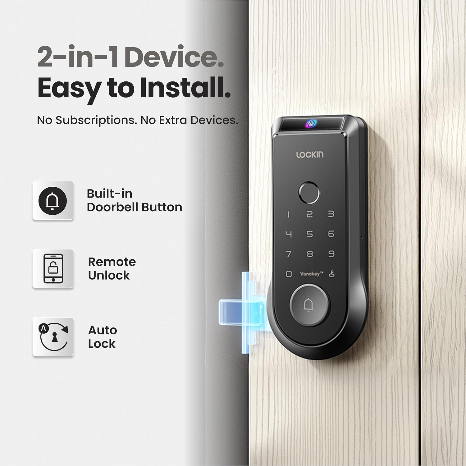 Lockin Venoris Smart Lock - Palm Vein & Fingerprint Keyless Entry Door Lock - 6 Unlock Methods - Built-in WiFi - Smart Home Compatible - No Monthly Subscription - 7-Month Battery Life