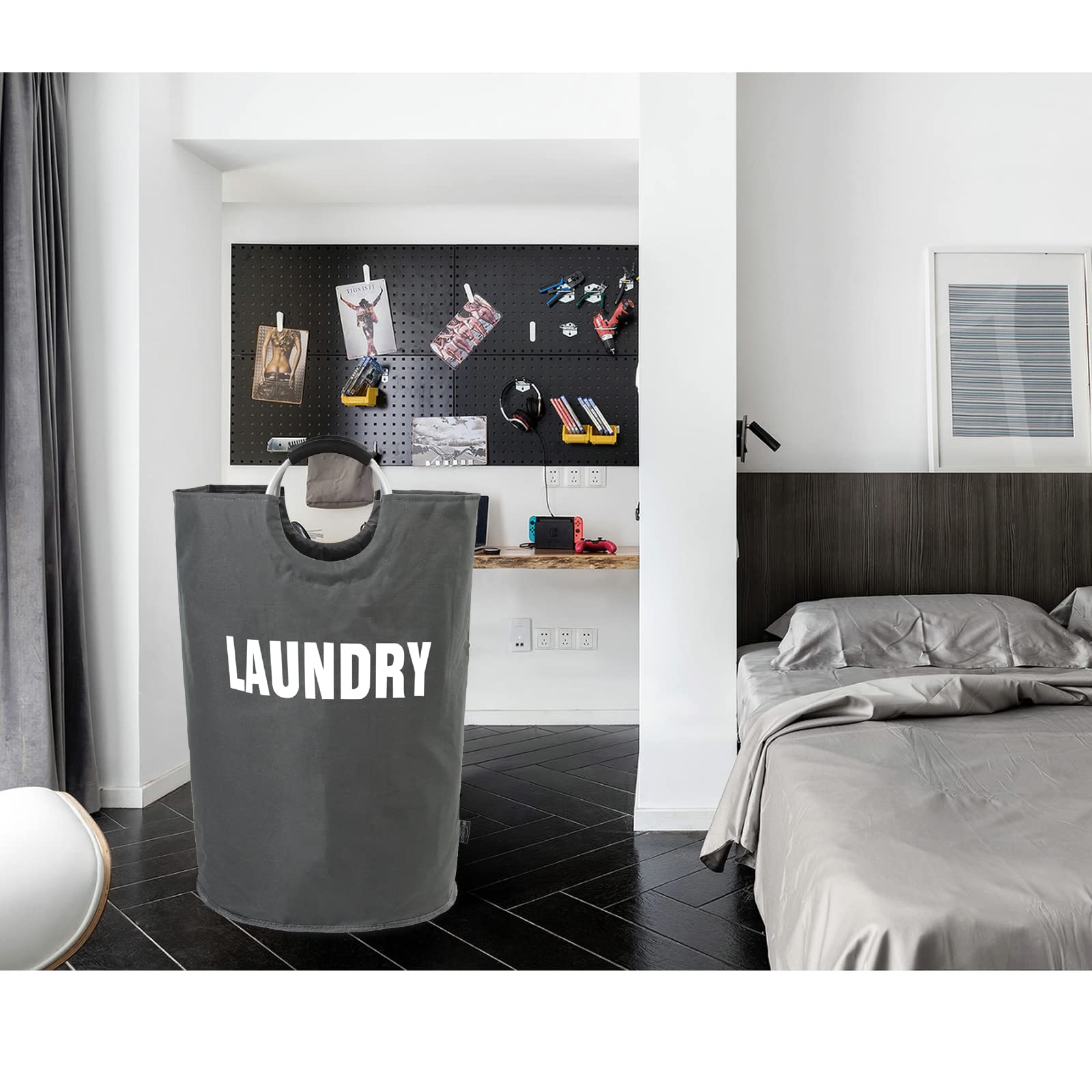 DOKEHOM 90L Large Laundry Basket, Collapsible Laundry Bag, Black | Freestanding tall clothes hamper & foldable washing bin. High-capacity clothes storage basket with durable sturdy handles