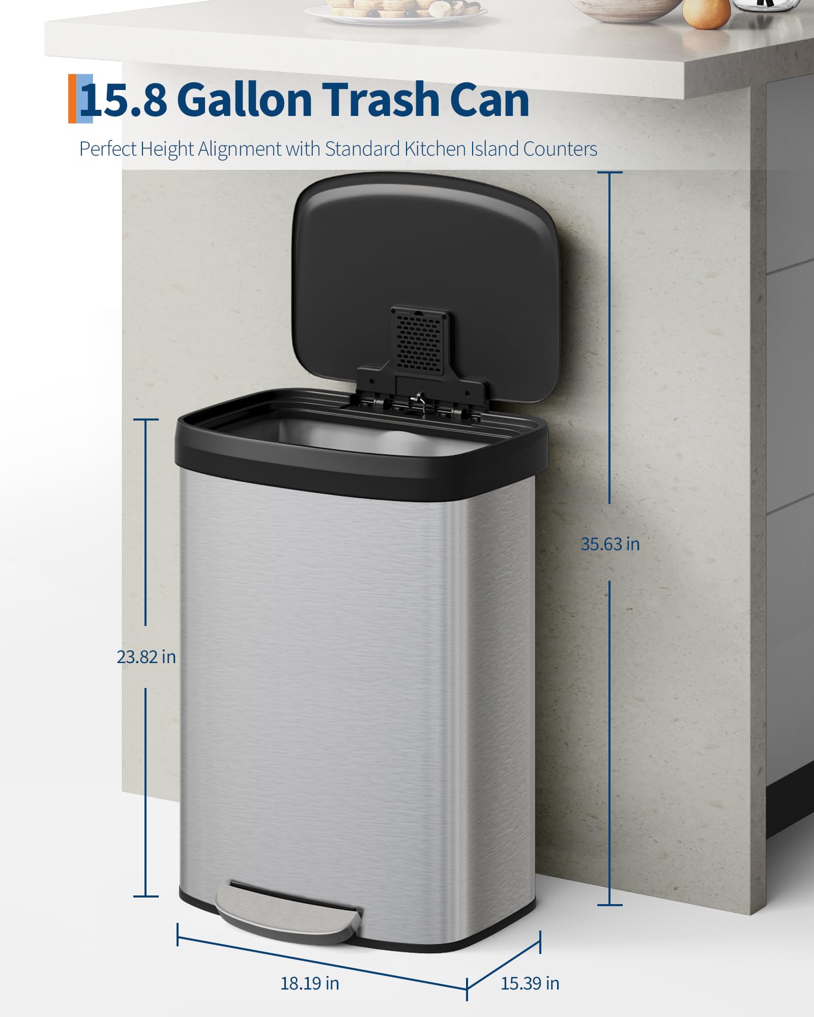 Garvee 13 gal / 50 L Stainless Steel Trash Can with Lid, Large Garbage Can for Kitchen, Rustproof Step-on Kitchen Metal Trash Bin with Liner Rim, Rear Handle, Soft Close Plastic Lid, Silver