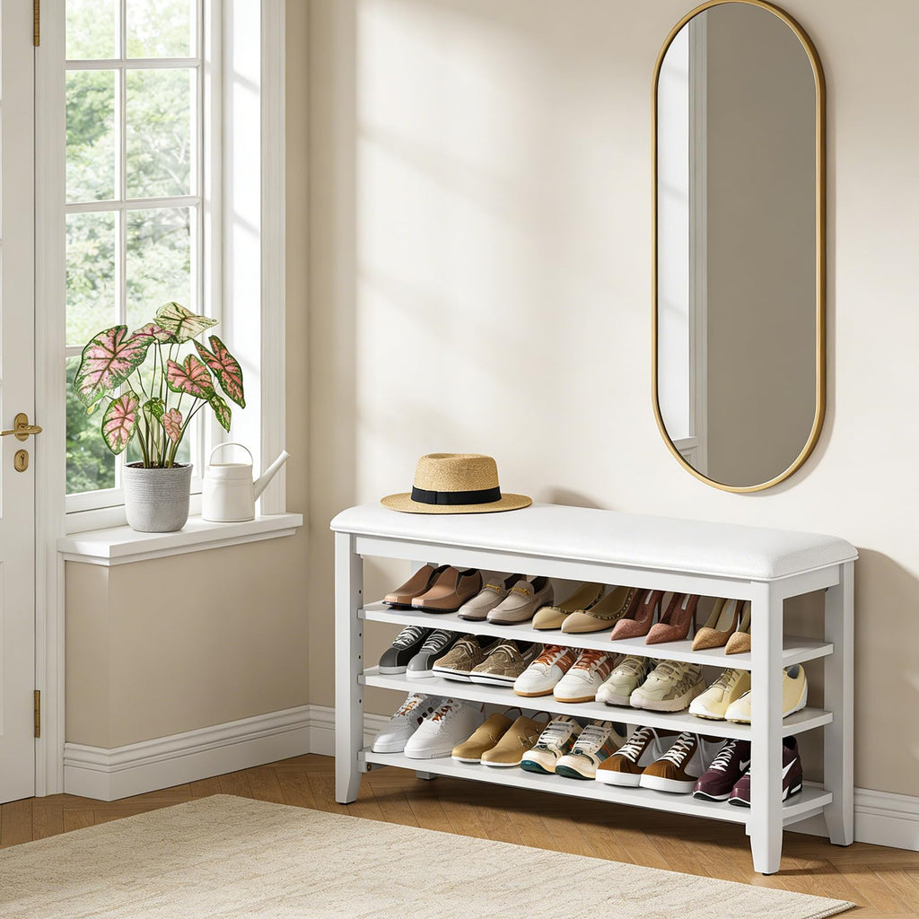 Taitiy Shoe Bench Storage Rubberwood with Leather Cushion for Entryway Bench Ideal for Hallways Shoe Rack Front Doors Entrances Mudrooms Featuring 3 Height-Adjustable and Removable Shelves