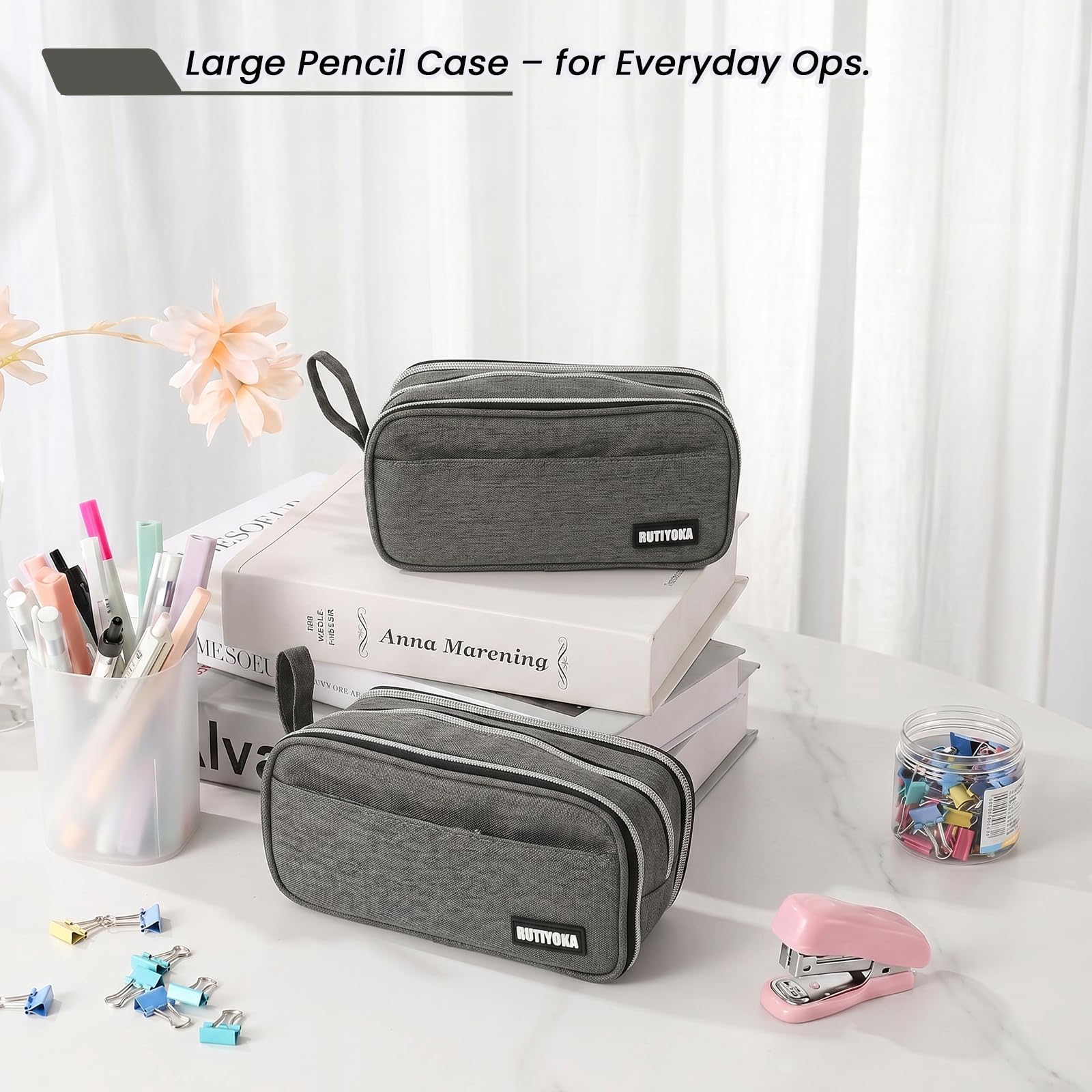 Large Pencil Case Pouch, Extra Big Pencil Bag with 4 Compartments for Kids, Oxford Cloth Pen Bag with Zipper, Pencil Organizer, Cute Aesthetic School Supplies for Teen Girls Boys Adults Pink