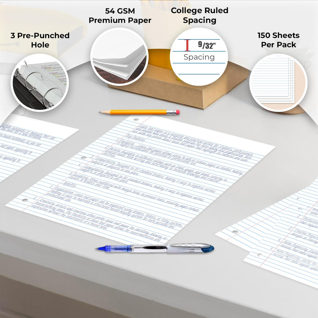 Rosmonde Loose Leaf Paper, 450 Sheets, 3 Pack, College Ruled Paper, 8" x 10.5", Bulk Office Filler Paper, 3 Hole Punched, 150 Sheets/Pack, 56 gsm Paper, College Ruled Notebook Paper for Binder, White | Bulk Office Filler Paper, 8" x 10.5", 3 Hole Punched,