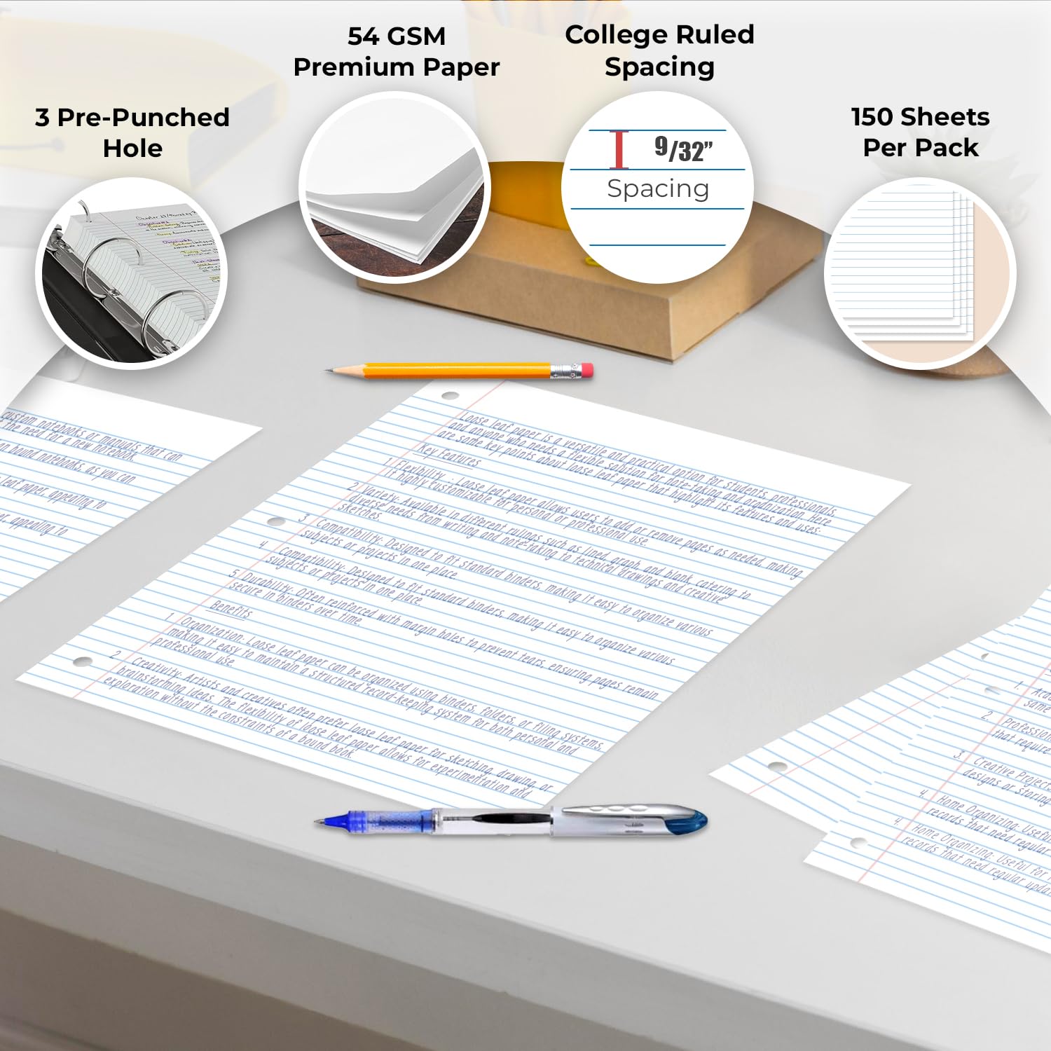 Rosmonde Loose Leaf Paper, 450 Sheets, 3 Pack, College Ruled Paper, 8" x 10.5", Bulk Office Filler Paper, 3 Hole Punched, 150 Sheets/Pack, 56 gsm Paper, College Ruled Notebook Paper for Binder, White | Bulk Office Filler Paper, 8" x 10.5", 3 Hole Punched,