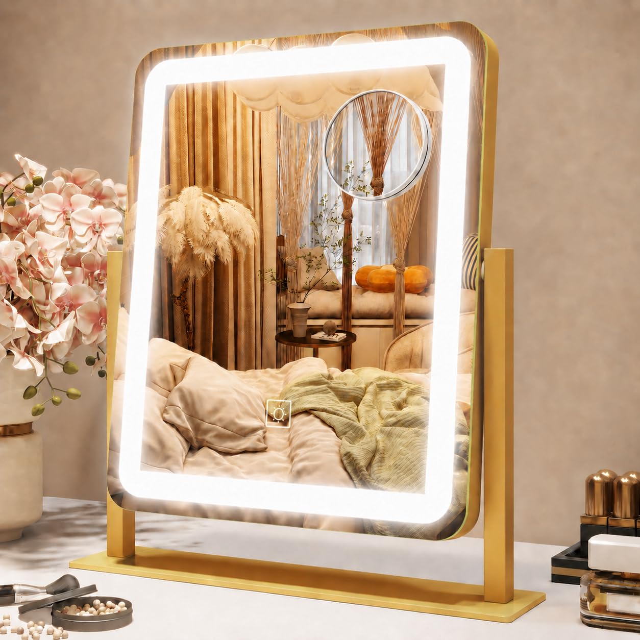 ROLOVE Vanity Mirror with Lights, 12.6"x15" LED Makeup Mirror with Lights, Smart Touch Control 3 Color Dimmable, Lighted Desk Mirror for Bedroom, Light Up Mirror