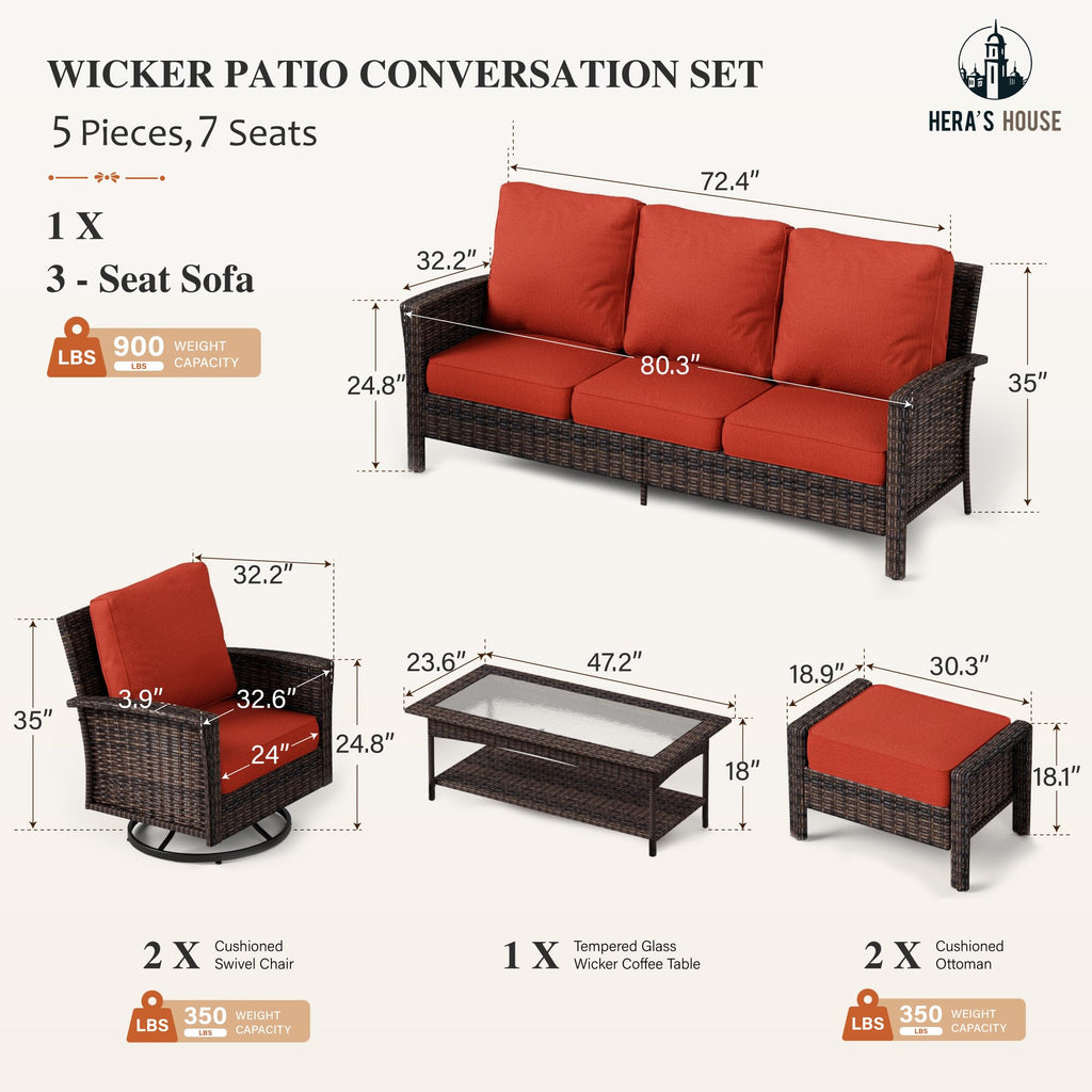 HERA'S HOUSE Patio Furniture Set, High Back Swivel Outdoor Chair with 5.5" Thick Cushions, Oversized Deep Seating Wicker Conversation Set for Lawn Backyard Deck, Navy Blue