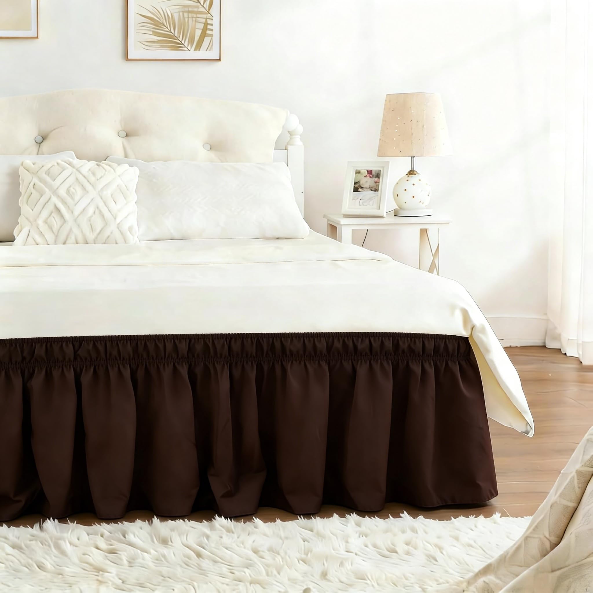 RIMELA Dorm Bed Skirt Twin XL 32 Inch Drop, Easy to Install Extra Long Wrap Around Elastic Dust Ruffle, White Bedskirt Solid Silky Fabric Machine Washable, Bedroom Decor