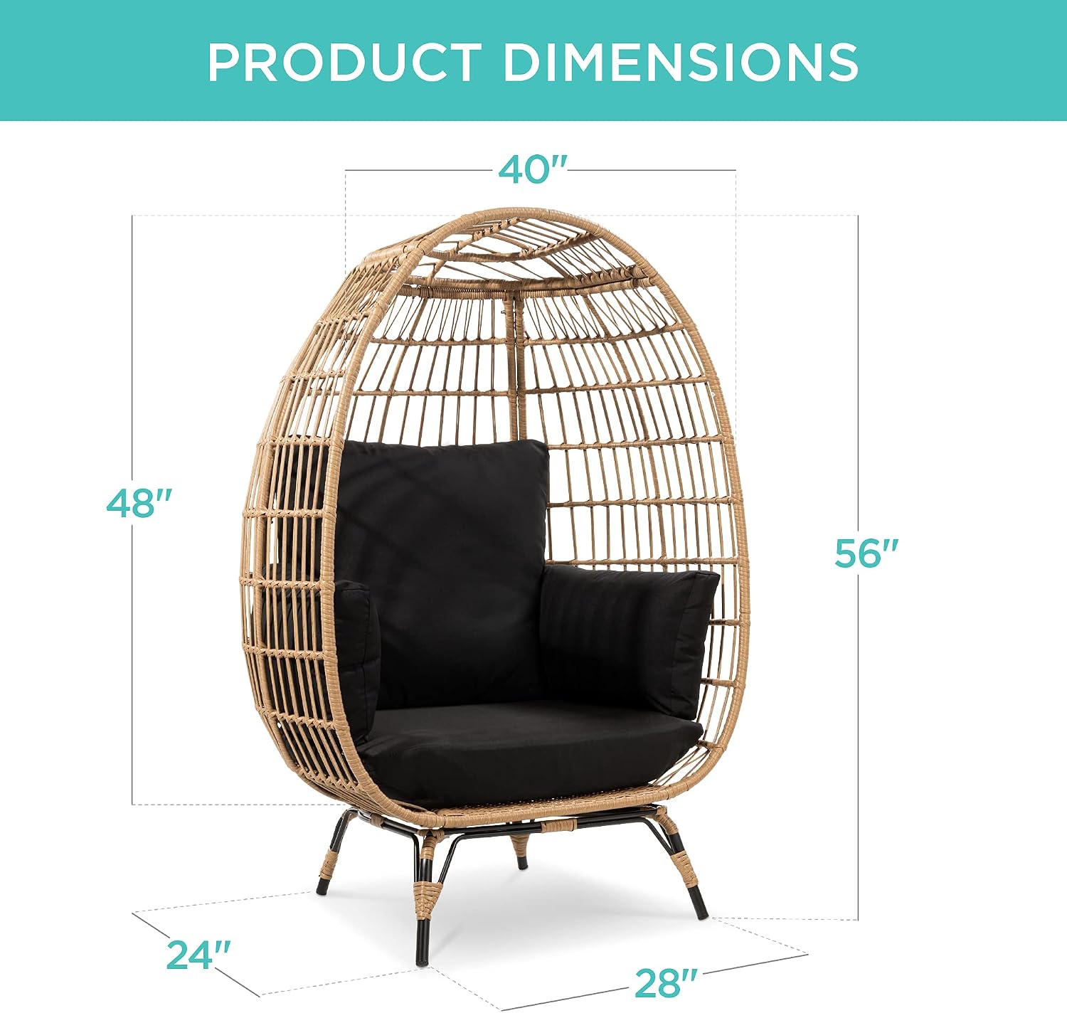 Best Choice Products Wicker Egg Chair, Oversized Indoor Outdoor Lounger for Patio, Backyard, Living Room w/ 4 Cushions, Steel Frame, 440lb Capacity - Black