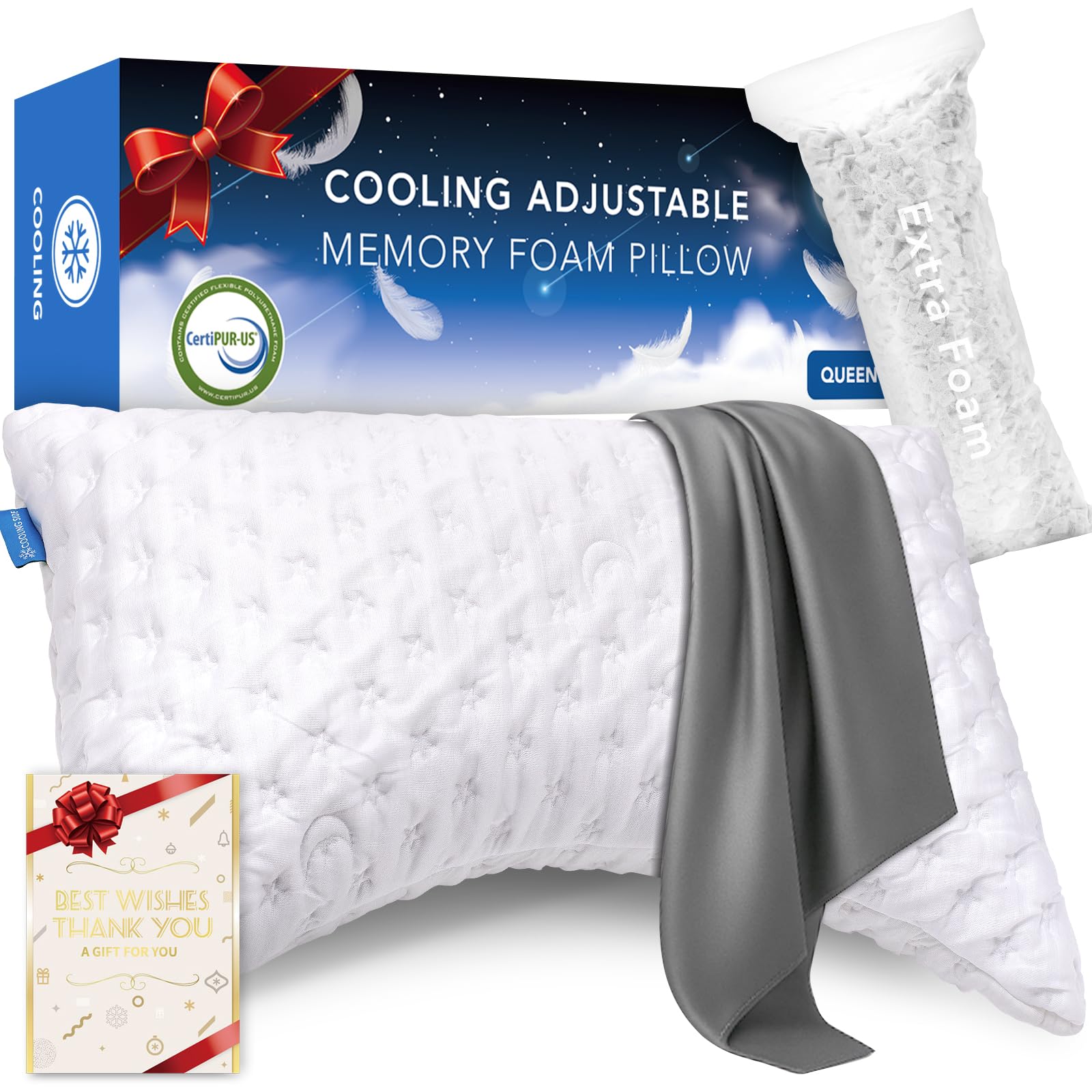 KUCEY Cooling Side Sleeper Pillow for Neck and Shoulder Pain, Luxury Shredded Memory Foam Curved Bed Pillows for Sleeping Set of 1- Adjustable Queen Size- Washable Cover Crescent White