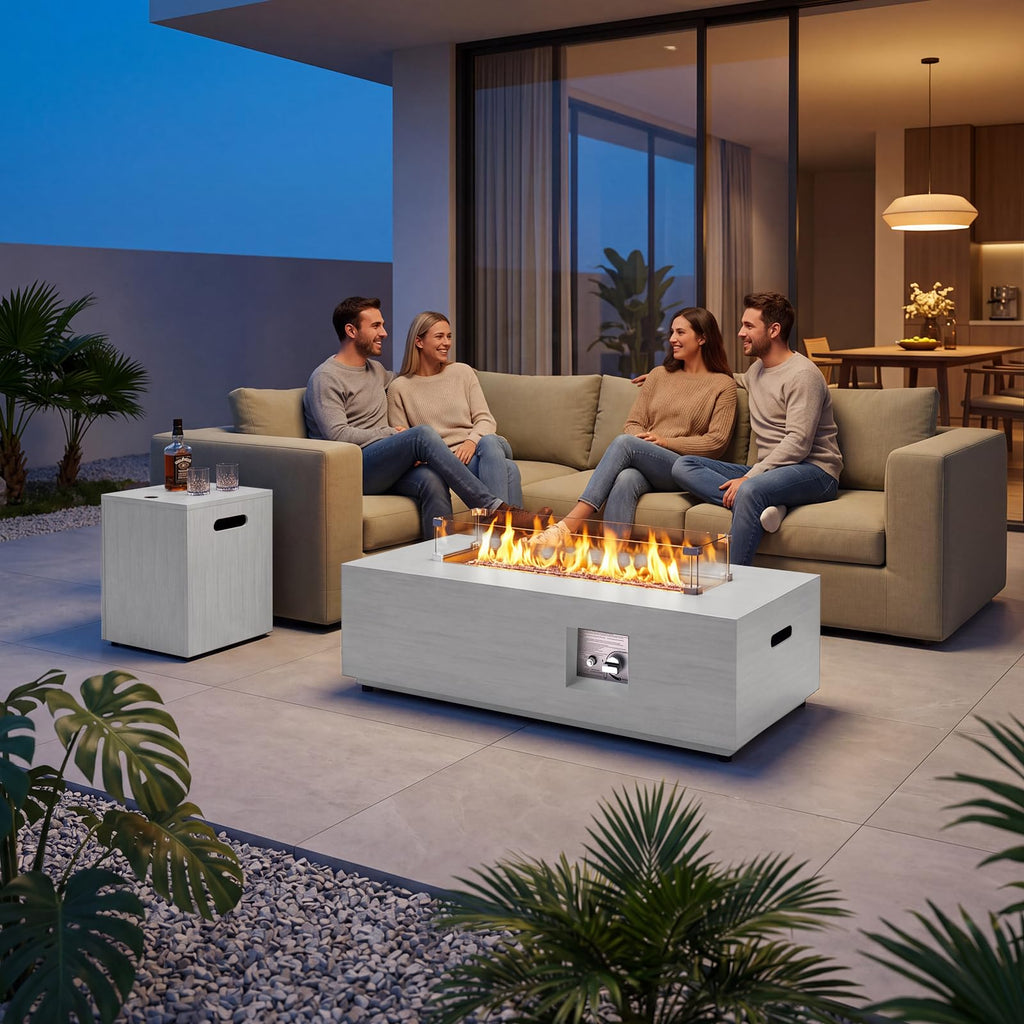 SUNPEAK 42" Modern Fire Pit Table with LED Light 50,000 BTU Deck Fire Pit Table Includes Wind Guard, Lid, Rocks & Cover - Propane Gas Patio Fireplace, Chimenea para Patio (Grey/Golden Light, 42" LED)