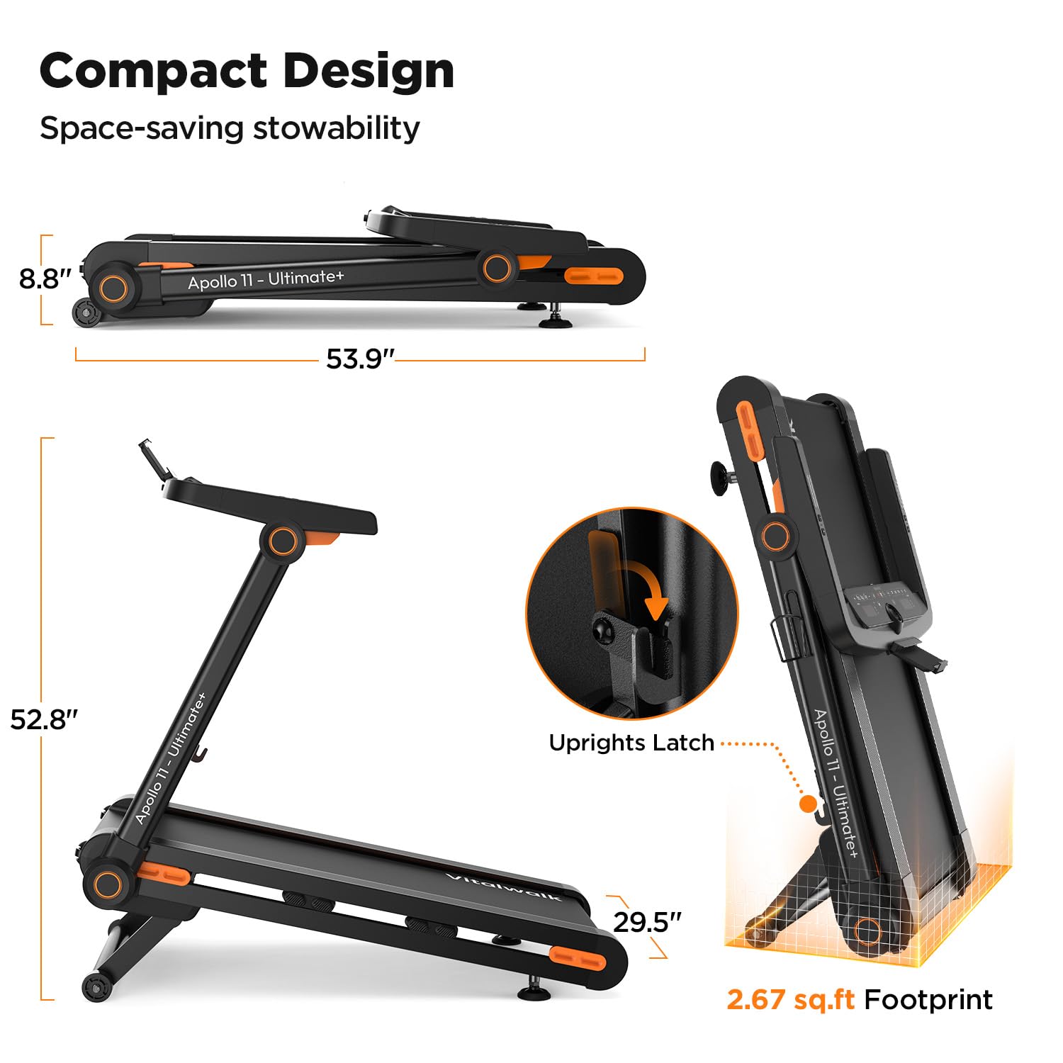 Vitalwalk Foldable Treadmill with Auto Incline, Commercial 49"x18" Wide Running Belt, 10MPH, 3.5HP Brushless, Walking Pad Treadmill for Home, Auto Folding, No Installation, 350LBS, APP