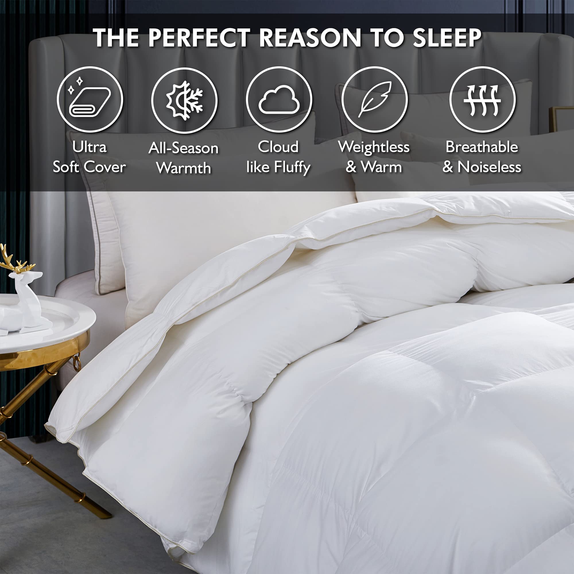 Luxurious All-Season Goose Down Feather Fiber Comforter California King Size Duvet Insert, Exquisite Pinch Pleat Design, Premium Baffle Box, 100% Egyptian Cotton Cover, 80 oz. Fill Weight, Black