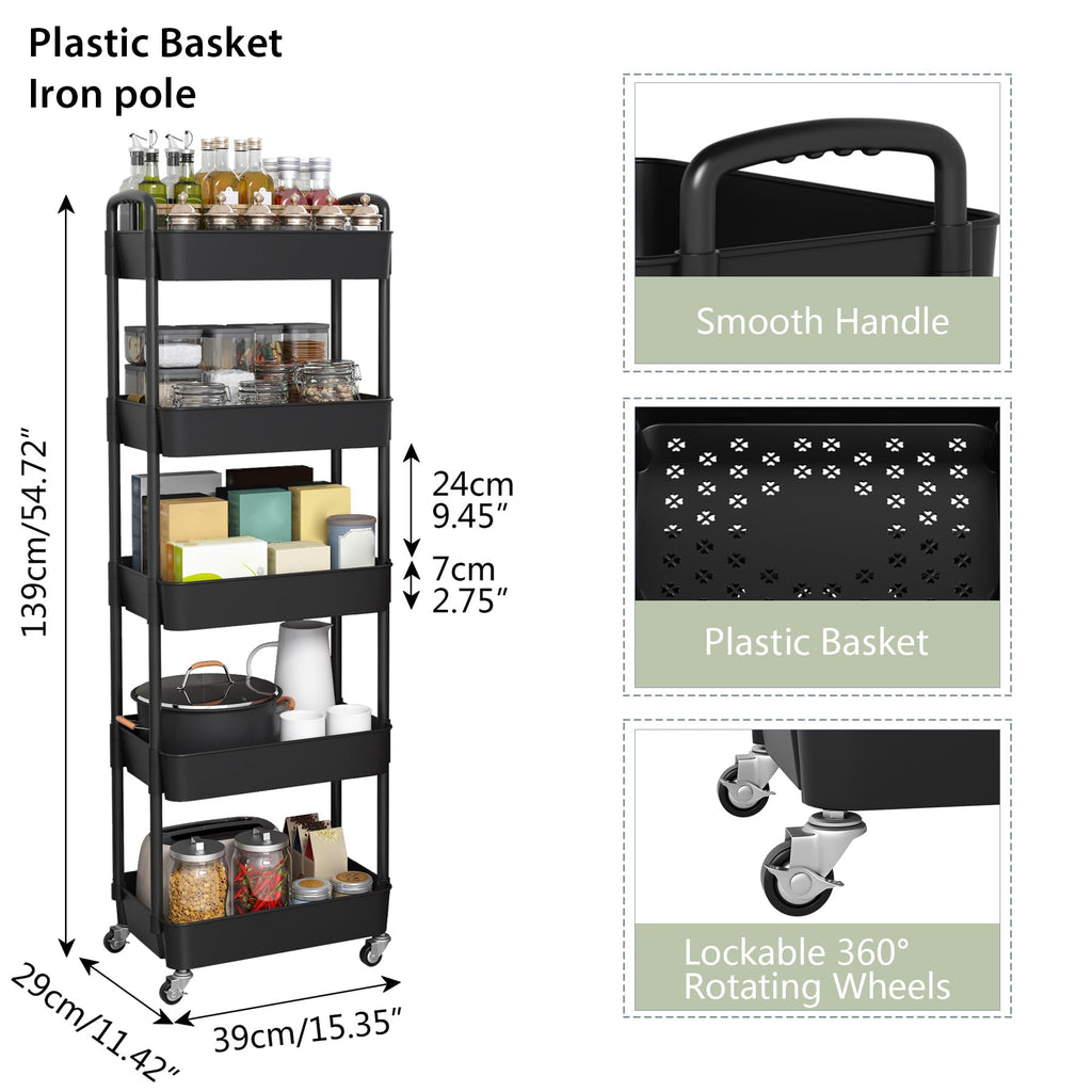 Sywhitta 3-Tier Plastic Rolling Utility Cart with Handle, Multi-Functional Storage Trolley for Office, Living Room, Kitchen, Movable Storage Organizer with Wheels, Black