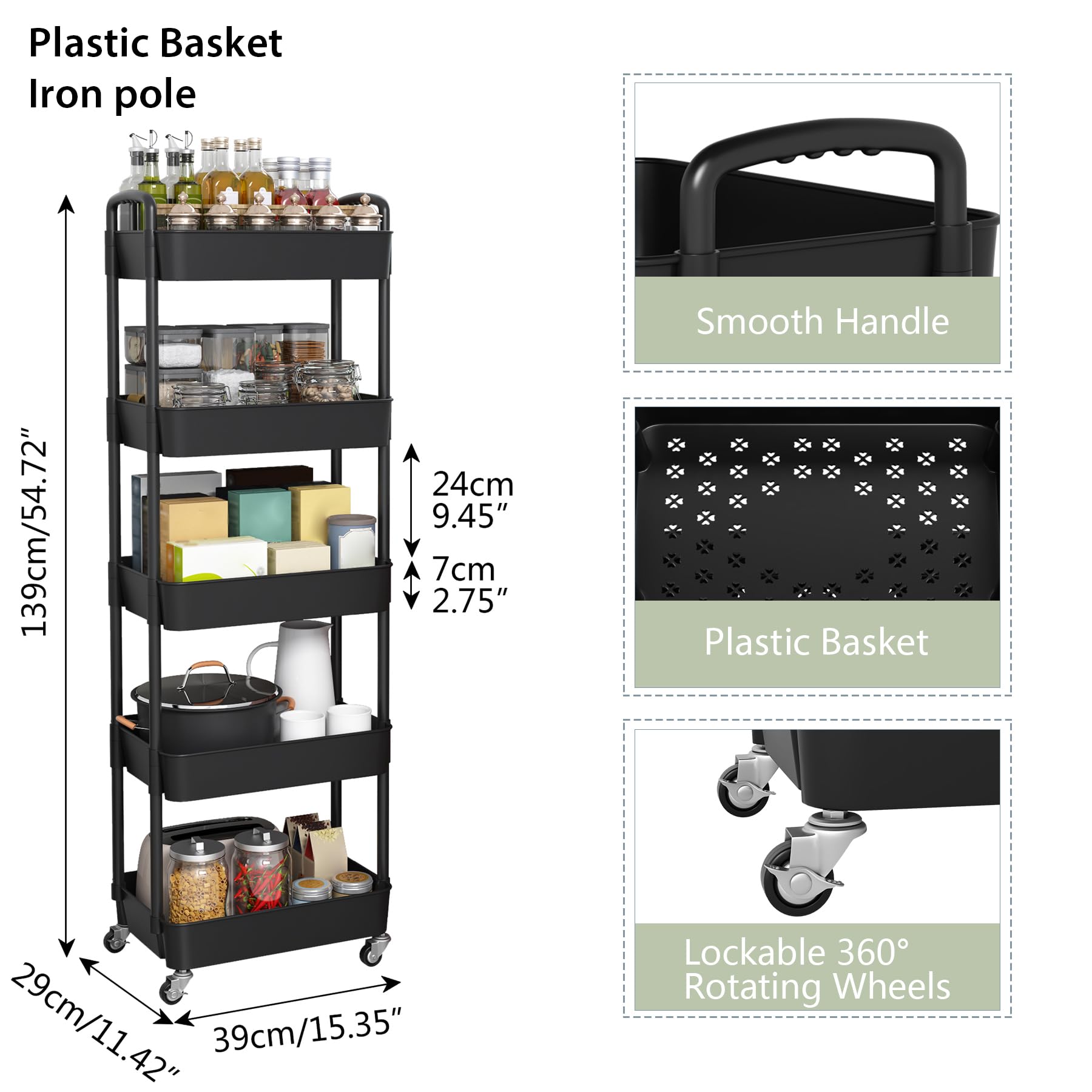 Sywhitta 3-Tier Plastic Rolling Utility Cart with Handle, Multi-Functional Storage Trolley for Office, Living Room, Kitchen, Movable Storage Organizer with Wheels, Black