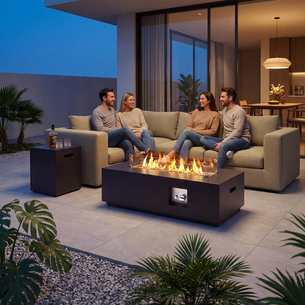 SUNPEAK 42" Modern Fire Pit Table with LED Light 50,000 BTU Deck Fire Pit Table Includes Wind Guard, Lid, Rocks & Cover - Propane Gas Patio Fireplace, Chimenea para Patio (Grey/Golden Light, 42" LED)