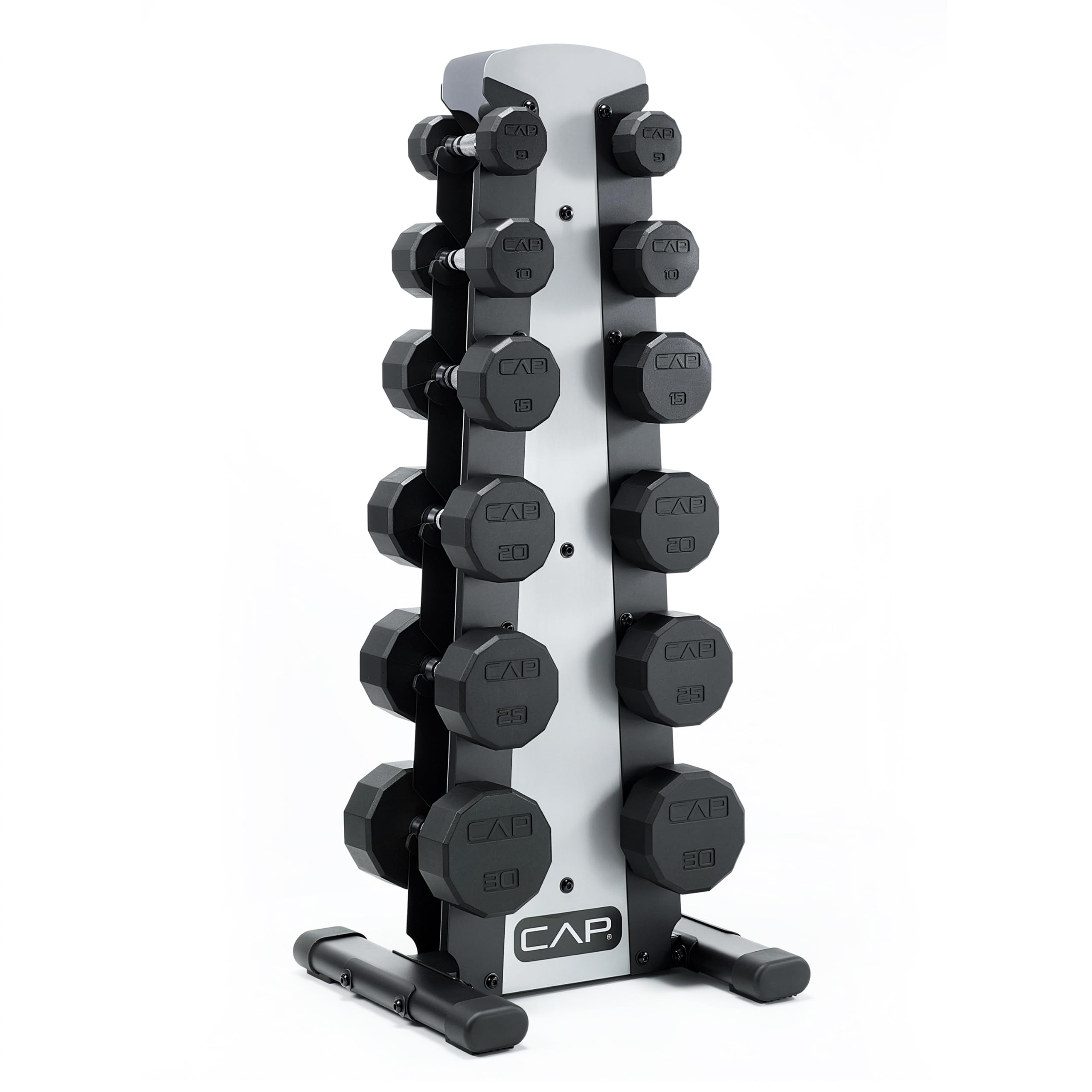 CAP Rubber Coated Hex Dumbbell Set with Storage Rack | 100–210 lb Options, Space-Saving Vertical Compact Storage for Home Gym Strength Training