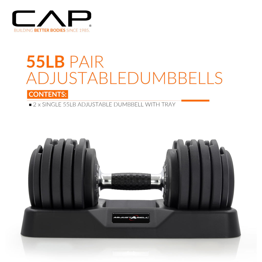 CAP ADJUSTABELL Adjustable Dumbbell Set, Premium Quick Select Adjustable Weights for Strength Training, Singles & Pairs, 12.5 LB, 25 LB & 55 LB, Round & Hex Dumbbells, Multiple Grip Handle Options