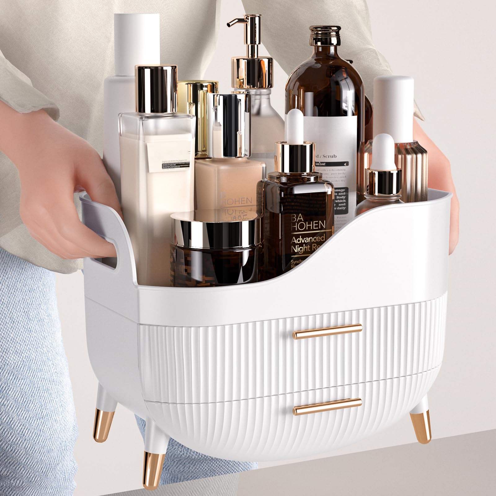 Pajiriona Makeup Organizer with Drawers, Green Skincare Organizer for Vanity, Storage Box with Handle, Large Cosmetic Display Case for Dresser, Bathroom Countertop