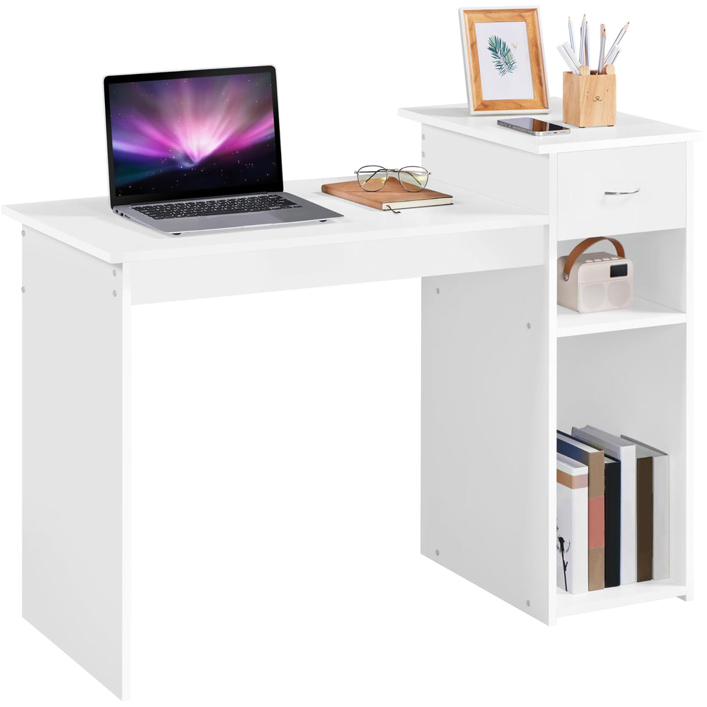 Yaheetech Black Computer Desk and Chair Set with Drawer, Shelves, Mesh Seat | Particle Board and MDF Build a Sturdy Desk with a Drawer and Elevated Platform, Paired with a Mesh Chair for Adults.