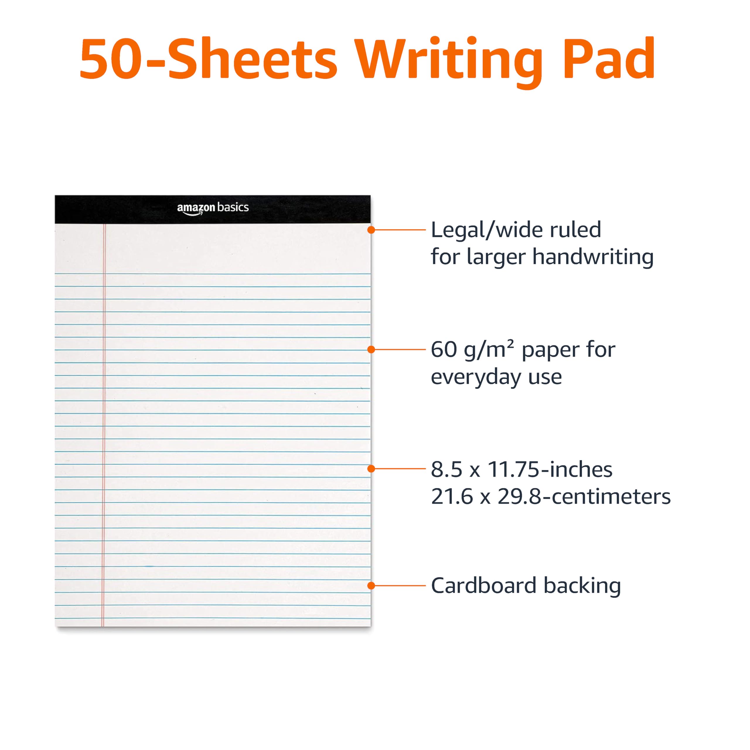 Amazon Basics Narrow Ruled Writing Pads, Perforated, 5" x 8", Multicolor, 6-Pack of 50 Sheets