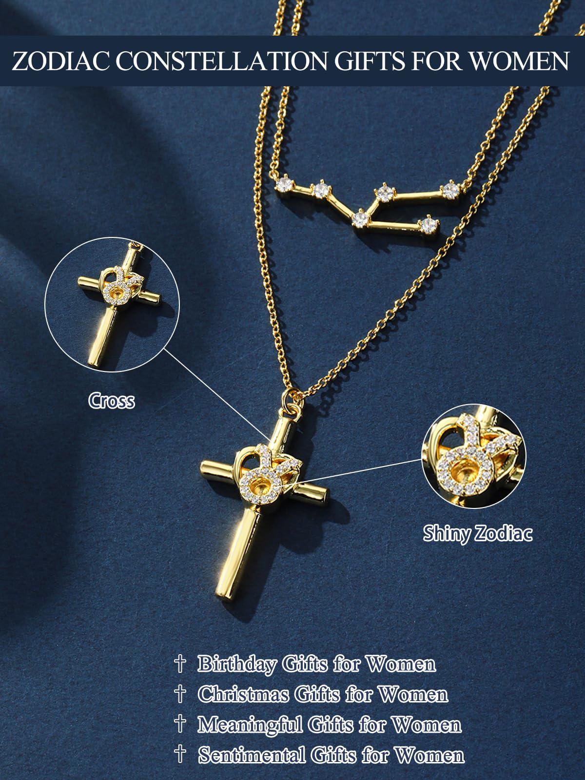 14K Gold Zodiac Cross Layered Necklace for Women - Horoscope Constellation Pendant with Cross,Luxury Anniversary Birthday Mothers Day Gifts Jewelry (12 Zodiac Signs)