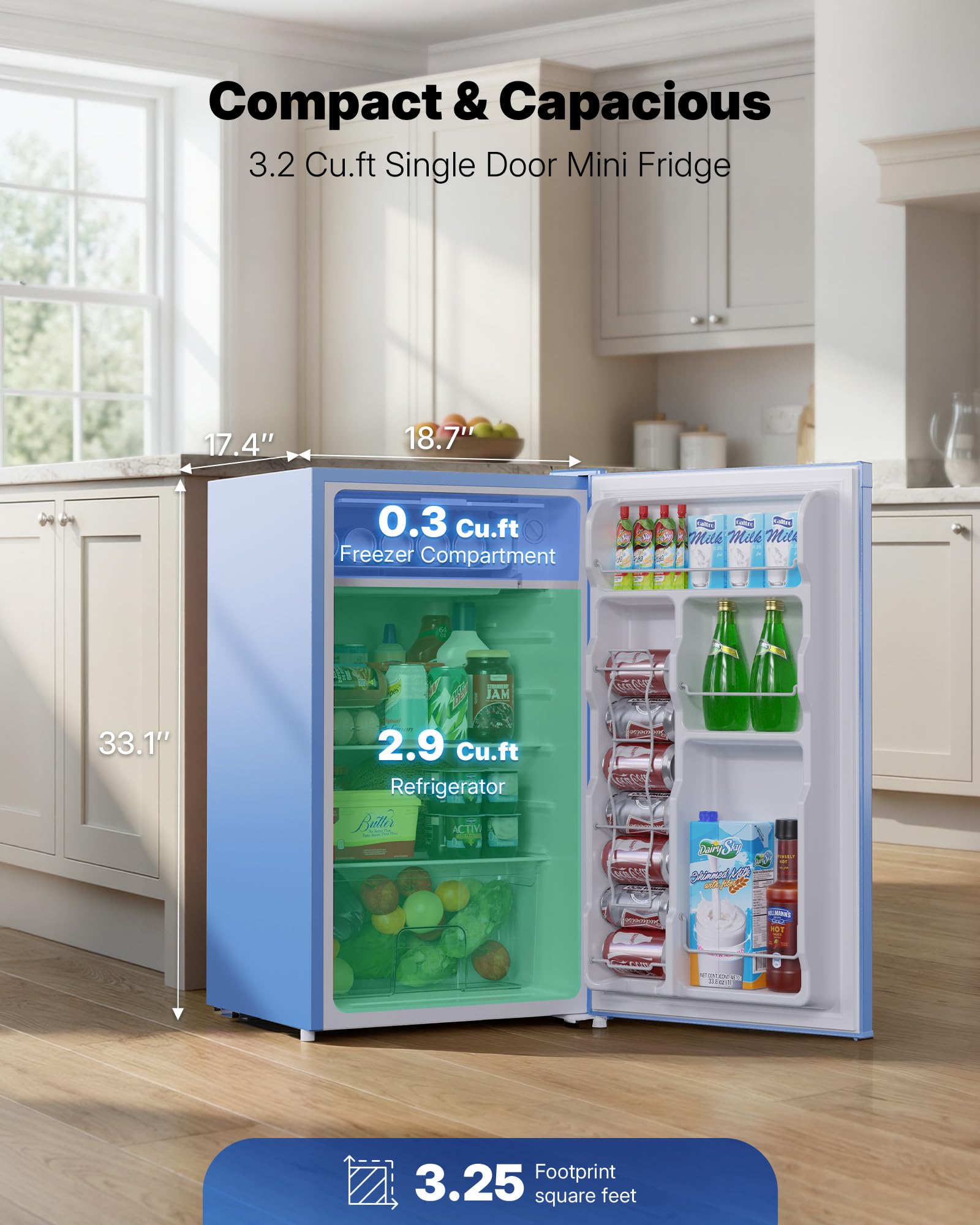 Upstreman 3.2 Cu.Ft Mini Fridge with Freezer, Quiet Efficient Small Fridge, Compact Refrigerator with Adjustable Thermostat, for Dorm, Bedroom, Office, Black-BR321