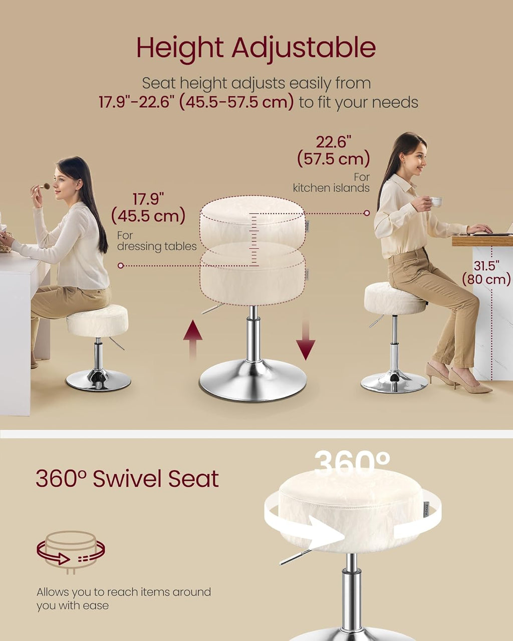 VASAGLE Adjustable Bar Stool, 360° Swivel, PU Leather, Thick Cushion, for Kitchen, Dining Room Bedroom, Modern, Cream White | LJB120W01 Dressing Chair Stool Stool Bedroom Kitchen Dining Room Modern White