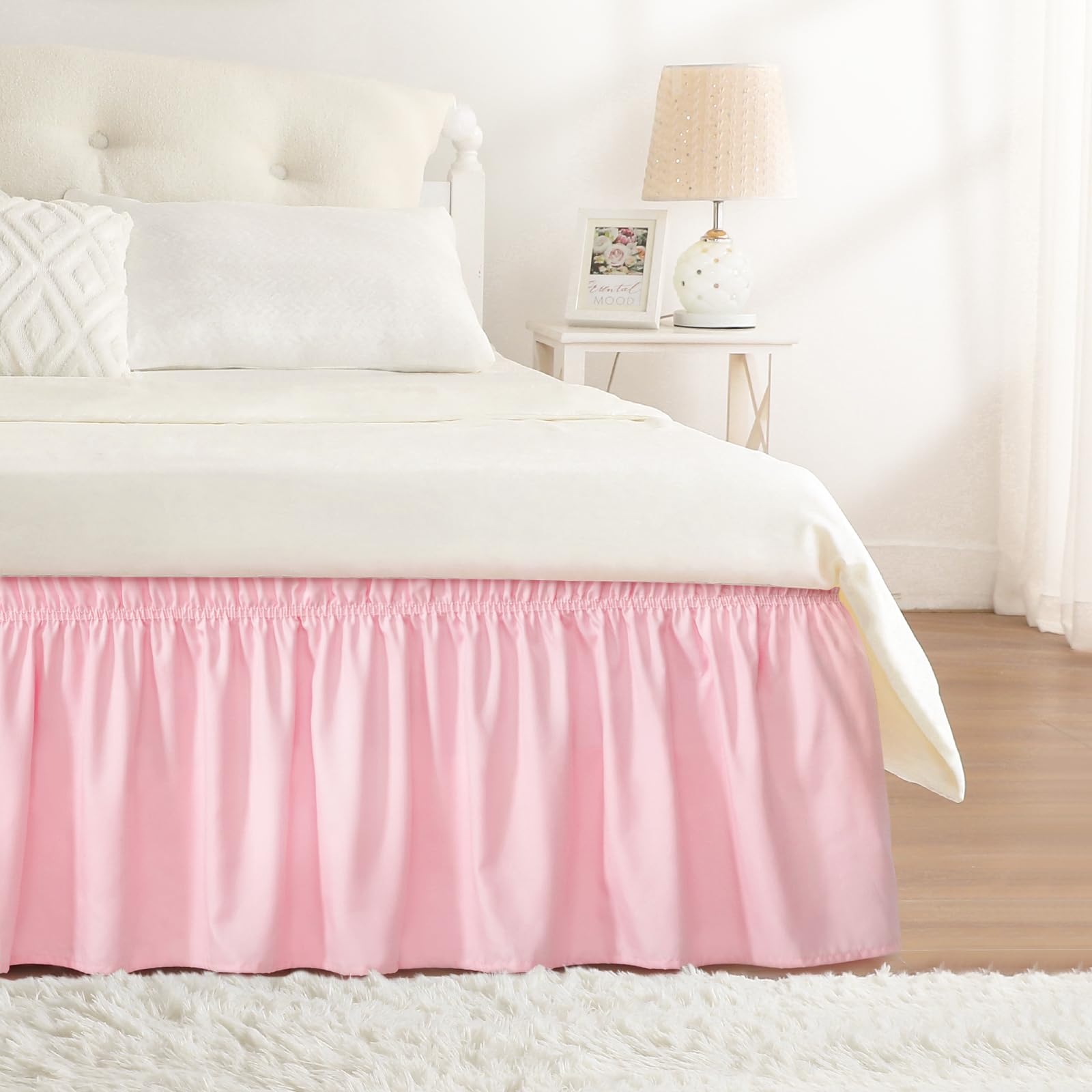 RIMELA Dorm Bed Skirt Twin XL 32 Inch Drop, Easy to Install Extra Long Wrap Around Elastic Dust Ruffle, White Bedskirt Solid Silky Fabric Machine Washable, Bedroom Decor