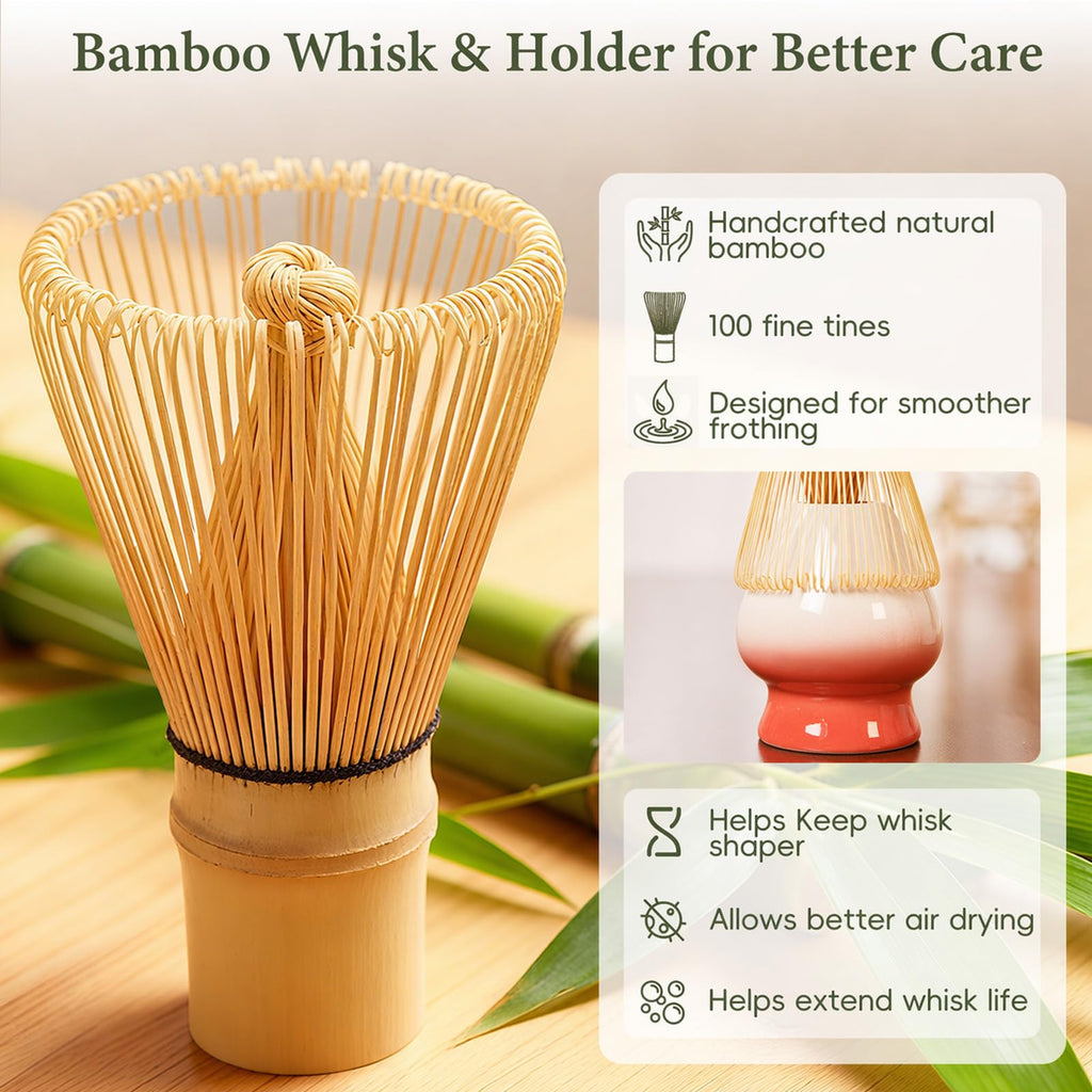 Matcha Whisk Set, Ceramic Matcha Set Includes Bowl & Holder, Bamboo Whisk (Chasen), Scoop, Spoon and Sifter, 6PCS Matcha Kit Covers Everything Needed for Making Matcha (Green)