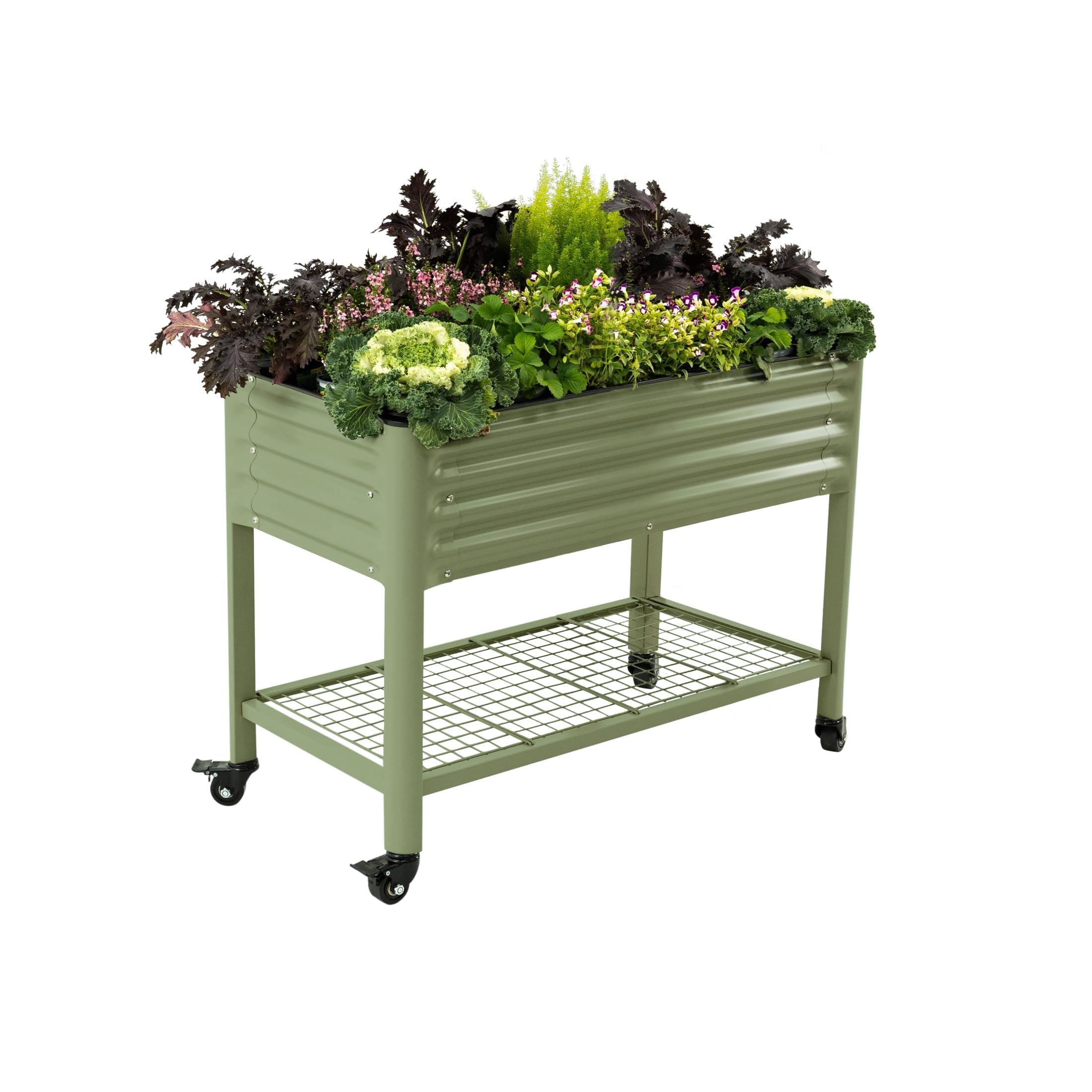Rolling Elevated Raised Garden Bed, 2' x 4' Outdoor Planters Boxes with Legs & Storage Rack for Patio, 700 Lbs Weight Capacity, Raised Beds for Gardening Herbs Flowers, Pearl White