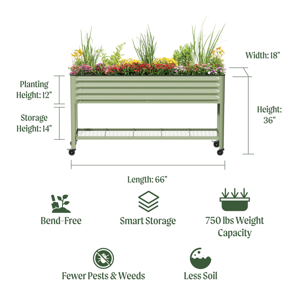 Rolling Elevated Raised Garden Bed, 2' x 4' Outdoor Planters Boxes with Legs & Storage Rack for Patio, 700 Lbs Weight Capacity, Raised Beds for Gardening Herbs Flowers, Pearl White