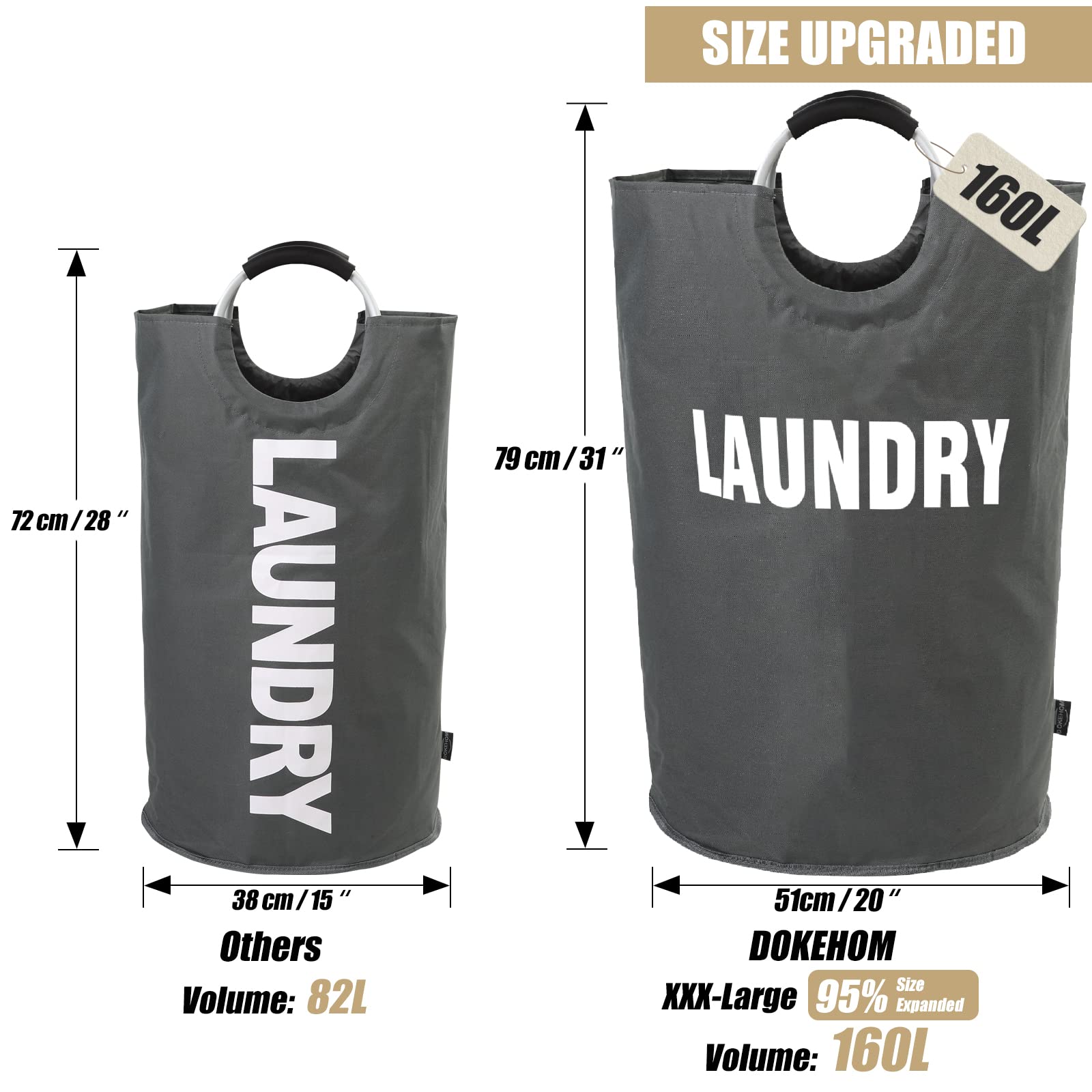 DOKEHOM 90L Large Laundry Basket, Collapsible Laundry Bag, Black | Freestanding tall clothes hamper & foldable washing bin. High-capacity clothes storage basket with durable sturdy handles