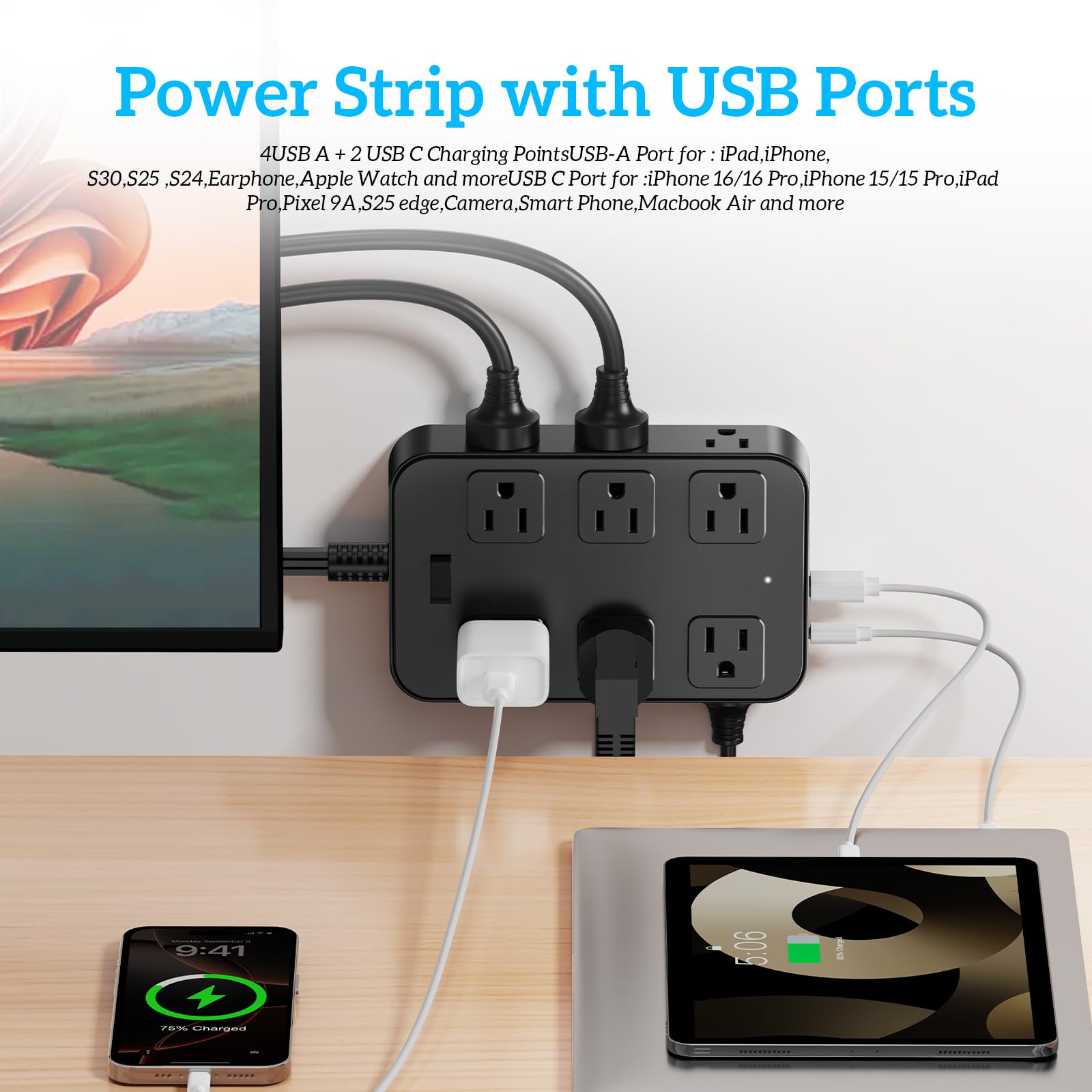 Flat Plug Power Strip Surge Protector 5 Ft Extension Cord with 12 AC Outlets 6 USB Ports 3 Side Multi Plug Outlet Extender Home Office Kitchen Dorm Room Wall Desk Charging Station ETL Listed