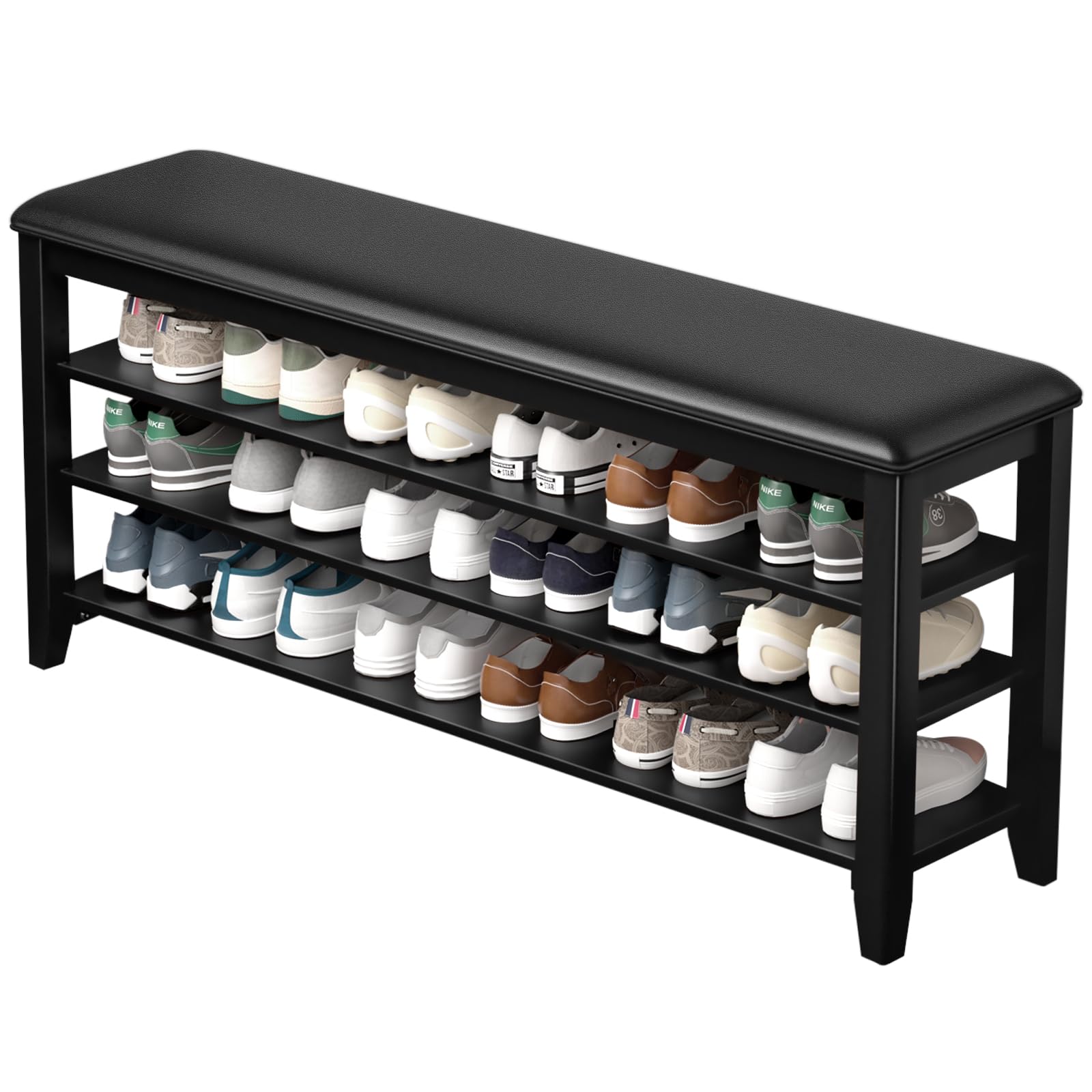 Taitiy Shoe Bench Storage Rubberwood with Leather Cushion for Entryway Bench Ideal for Hallways Shoe Rack Front Doors Entrances Mudrooms Featuring 3 Height-Adjustable and Removable Shelves