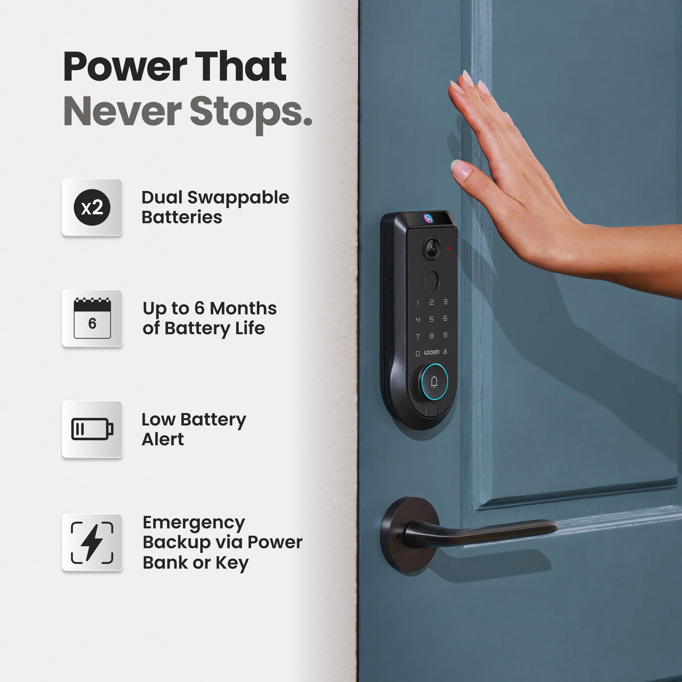 Lockin Venoris Smart Lock - Palm Vein & Fingerprint Keyless Entry Door Lock - 6 Unlock Methods - Built-in WiFi - Smart Home Compatible - No Monthly Subscription - 7-Month Battery Life