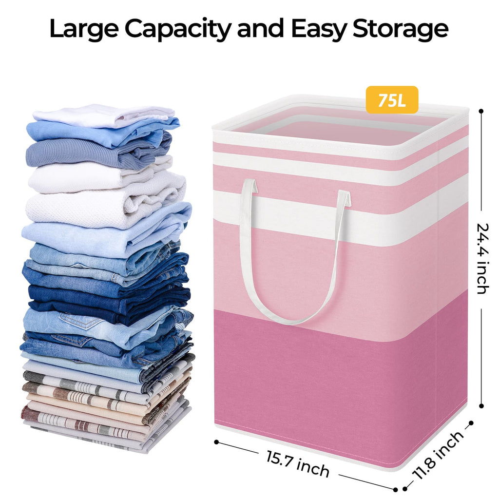 HomeHacks 2 Pack Large Laundry Baskets, Waterproof, Freestanding Laundry Hampers, Collapsible Clothes Hamper with Reinforced Handles in Laundry Room, College Dorm, Bathroom, Bedroom (Grey, 75Lx2)