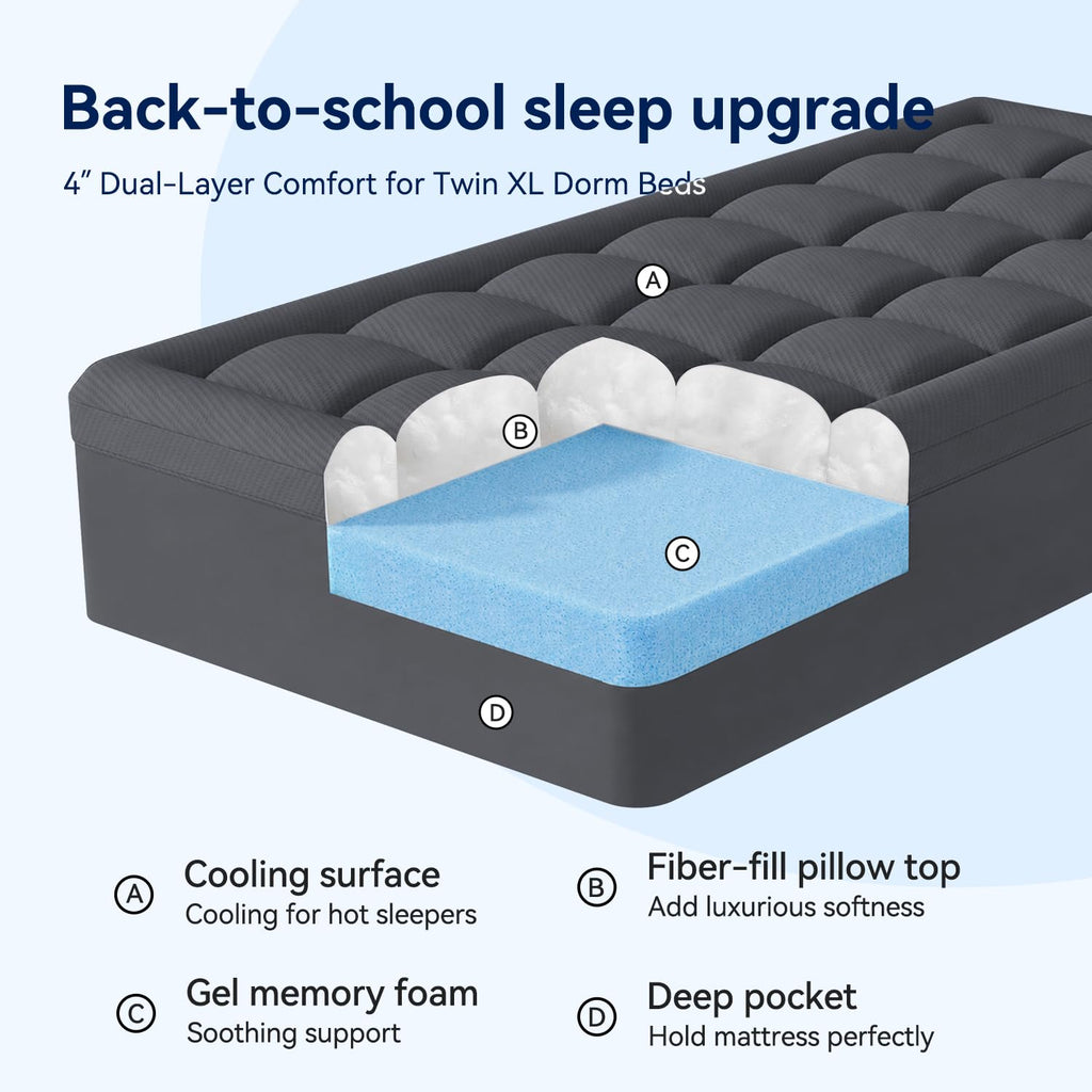 ELEMUSE Twin XL Dorm Dual Layer 3 Inch Memory Foam Mattress Topper for College, Dorm Room Essentials, 2 Inch Cooling Gel Foam and 1 Inch Soft Pillow Top Bed Pad,Back to School Comfortable Support